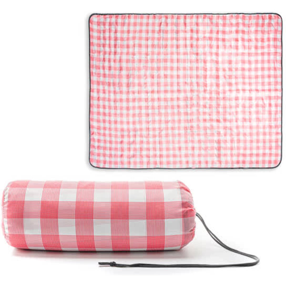 A red and white checkered picnic blanket, folded into a cylindrical shape for easy carrying, with a black strap.