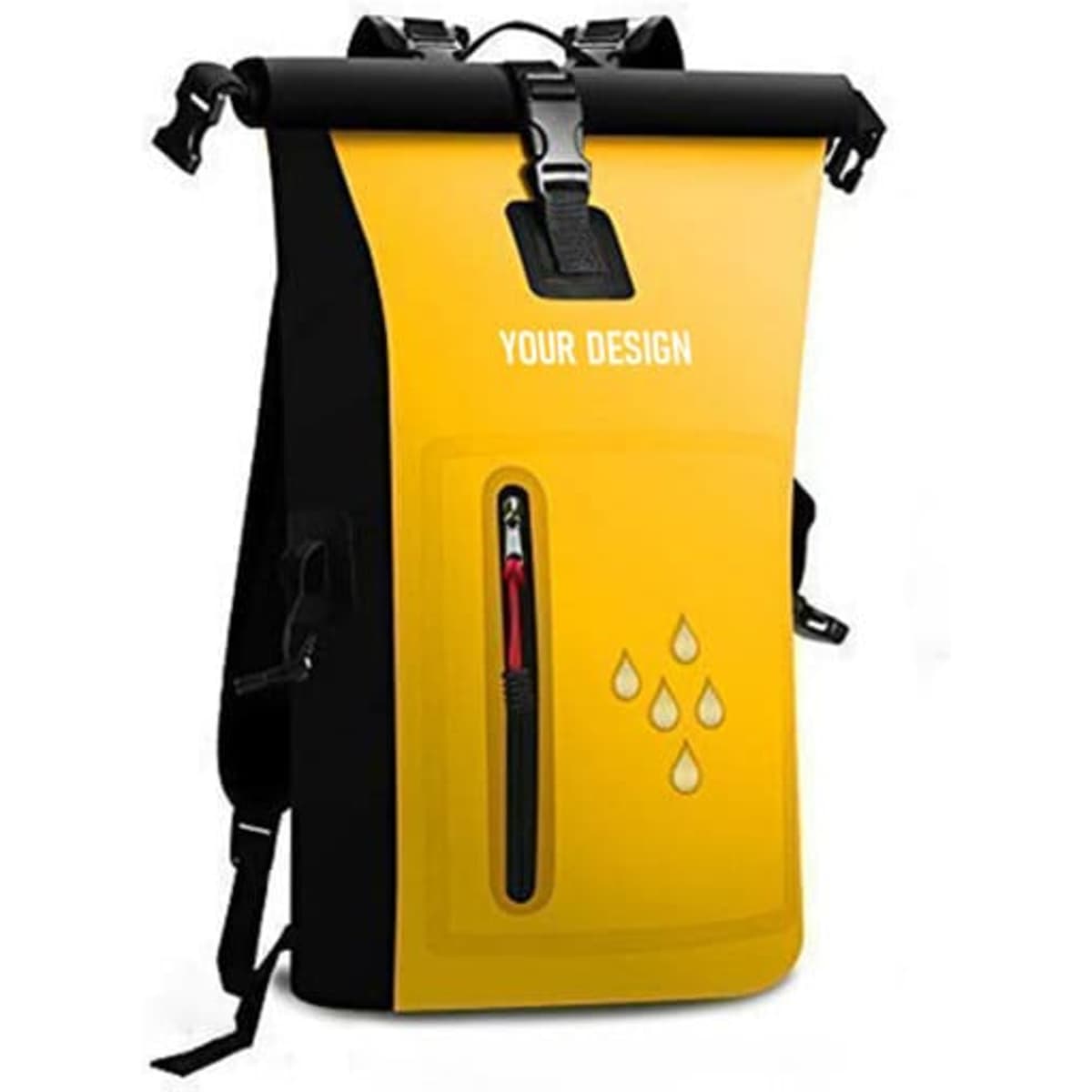 A waterproof roll top bag in yellow and black, featuring a zippered pocket and a logo on the front.