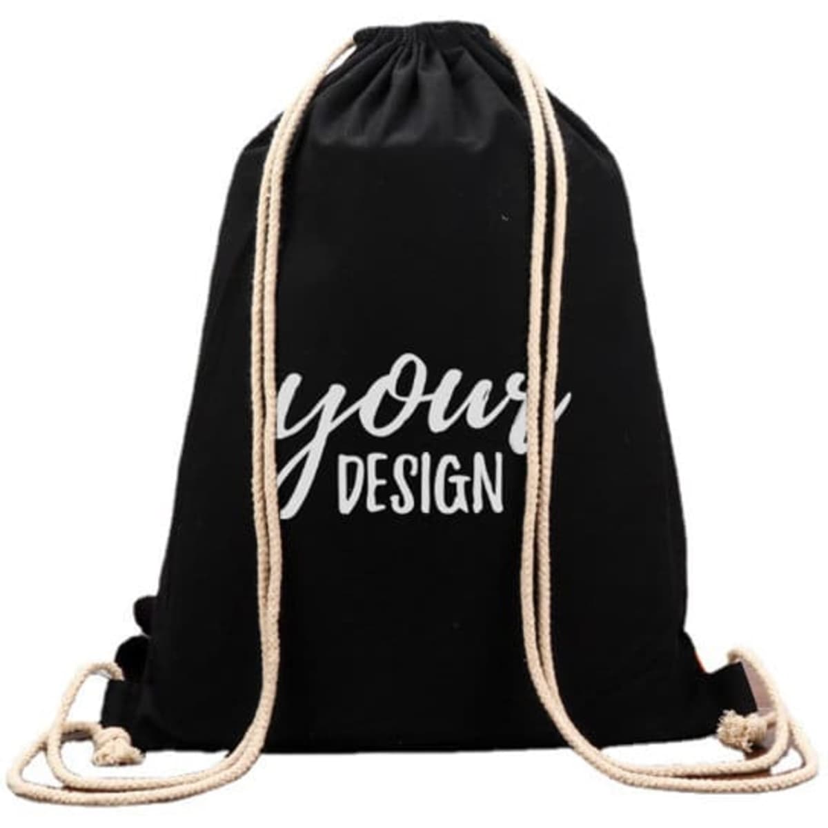 A black RPET drawstring bag with beige drawstrings, featuring a simple design for personalisation.