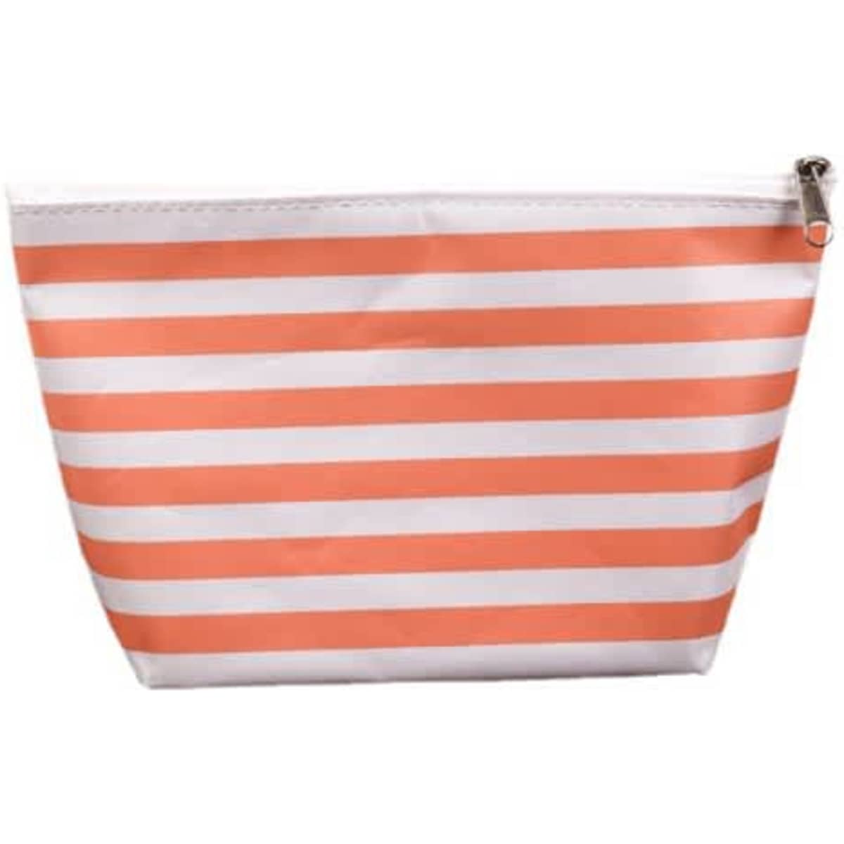 A striped makeup bag in white and orange with a zip closure and a logo.