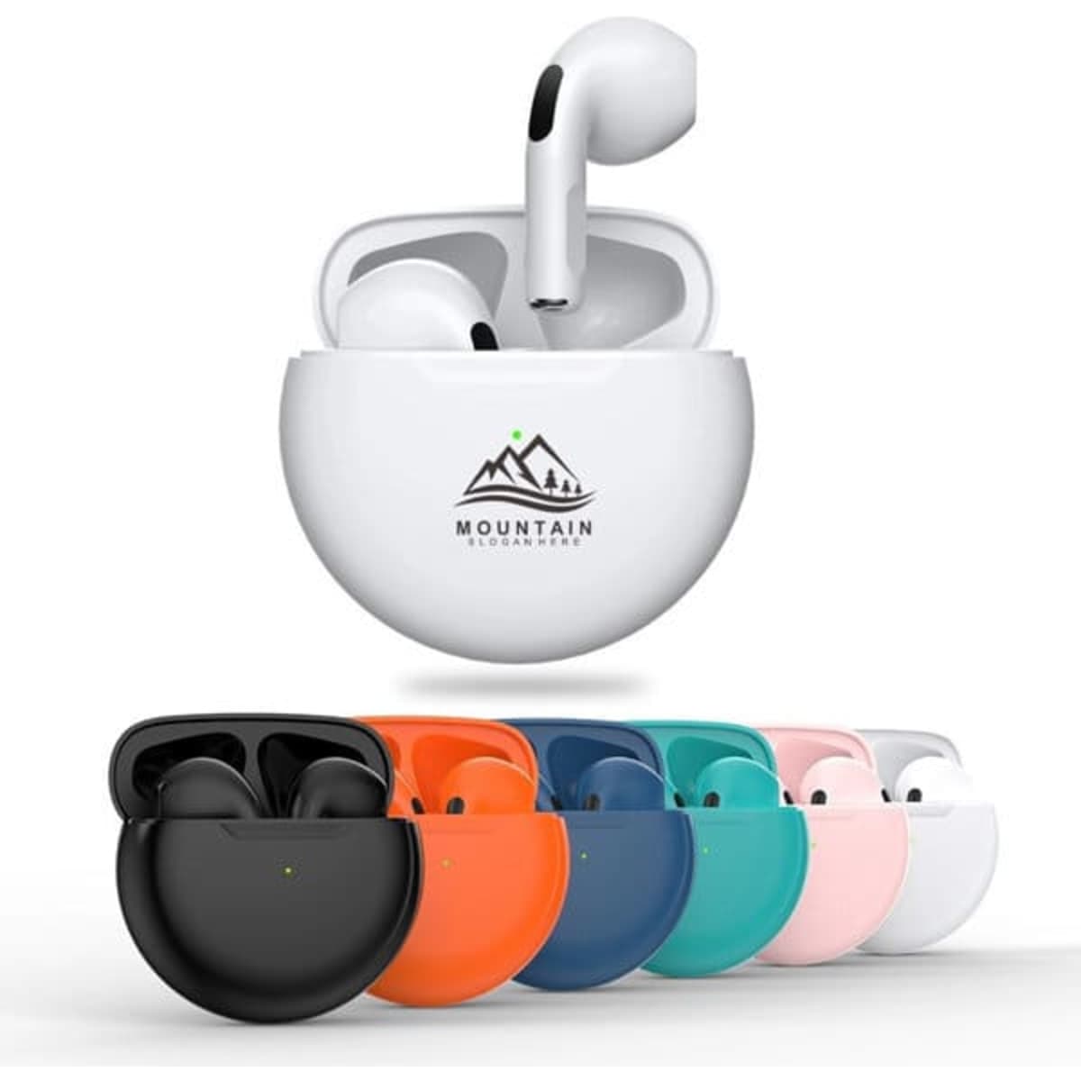 Wireless earphones in a charging case, available in various colours including white, black, orange, pink, and teal.