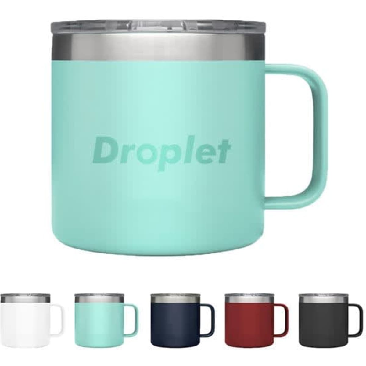 A drink mug in mint green with a stainless steel lid, featuring a handle and a logo. Available in multiple colours.