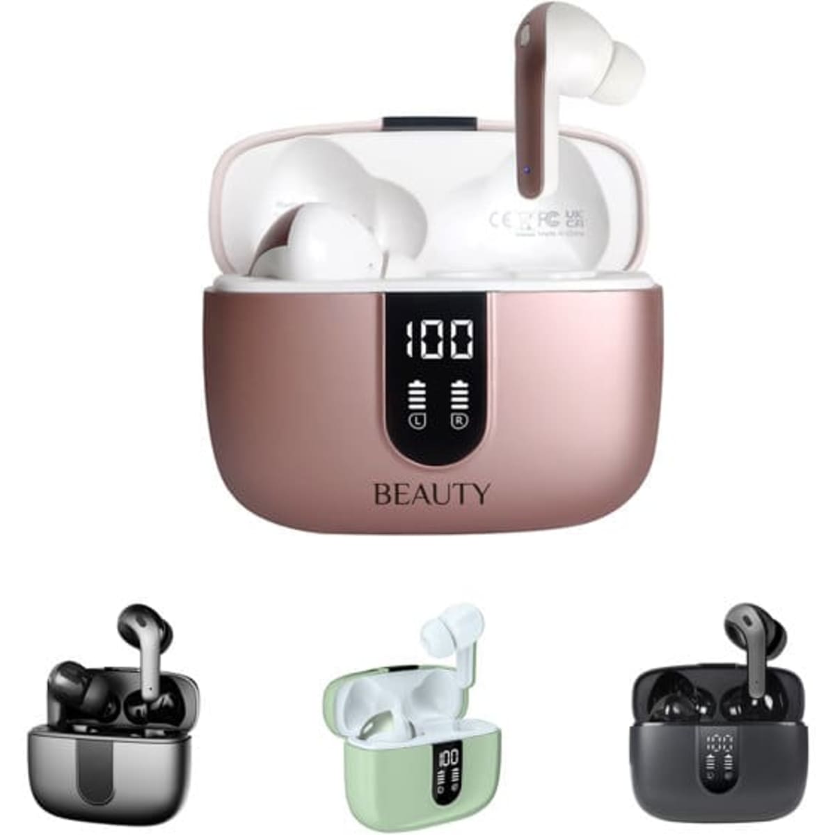 Wireless earphones in various colours, displayed in a charging case with an LED power display and branding.
