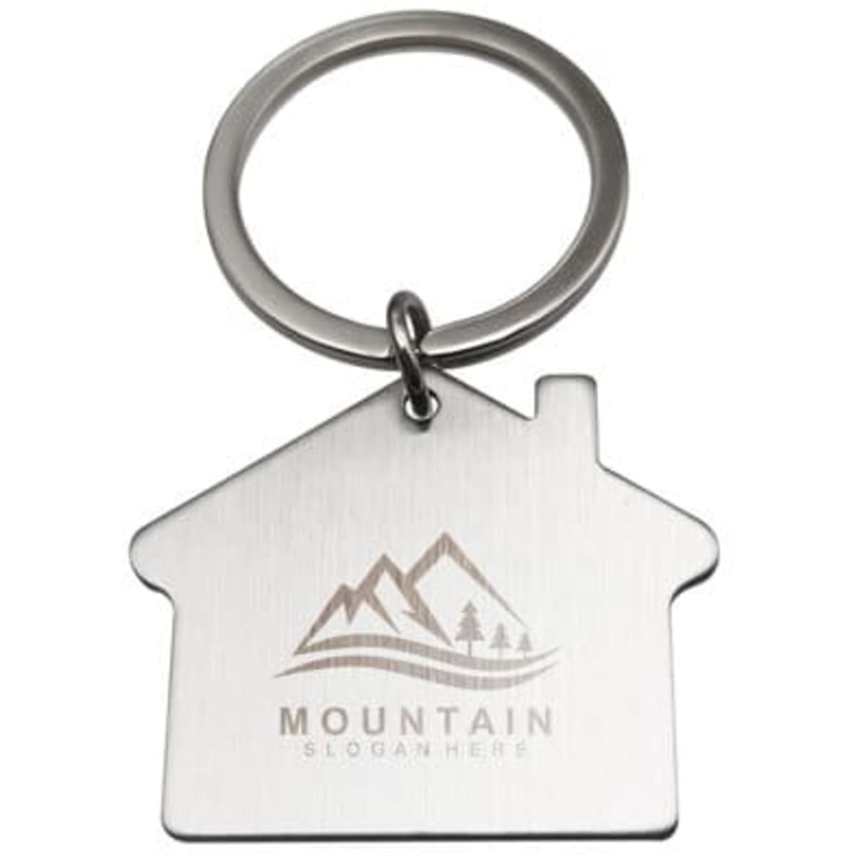 A stainless steel keychain shaped like a house, featuring a mounted logo and a silver ring.
