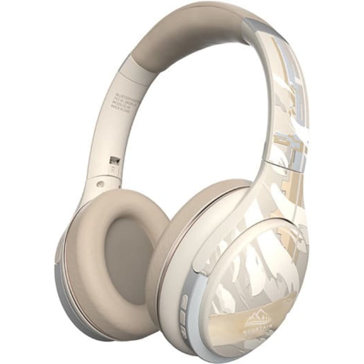 A wireless over-ear headphone in a cream and beige colour scheme, featuring a patterned design and a logo.