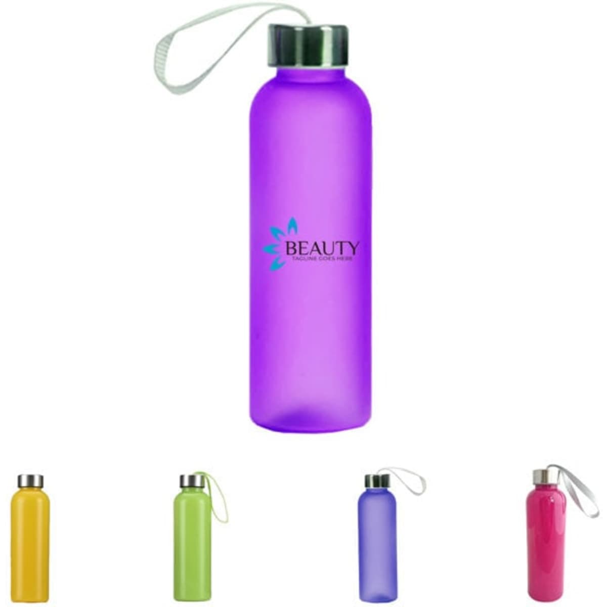 A drink bottle in purple, featuring a logo and a silver cap, with a strap for easy carrying.