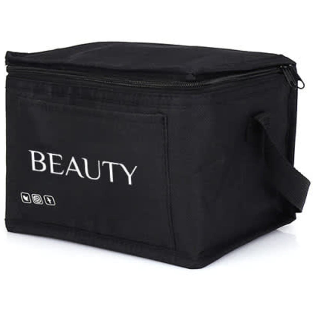 A black insulated cooler bag with a zip closure, featuring a handle and a logo on the front.