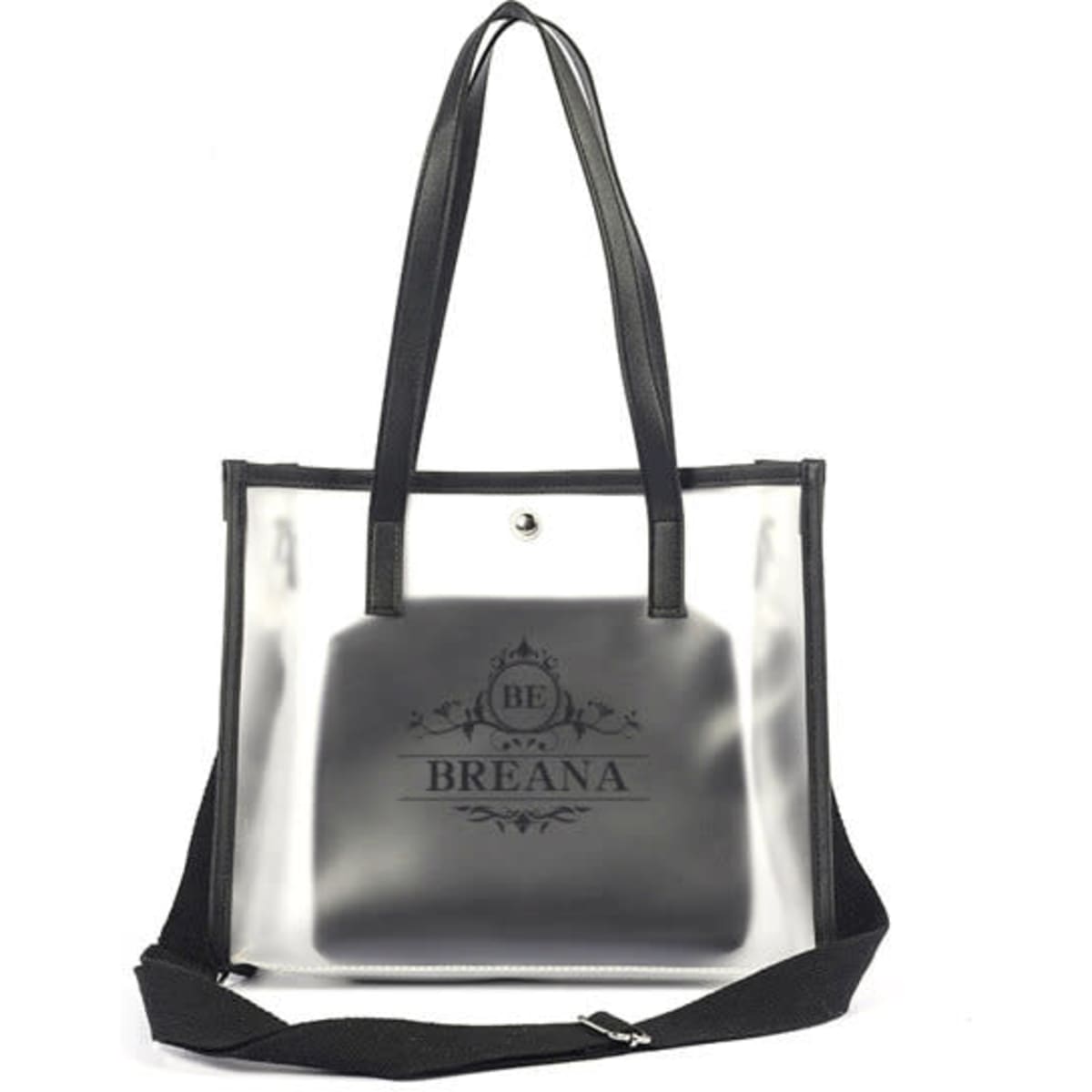 A clear bag with black trim and handles, featuring a black inner pouch and a logo.