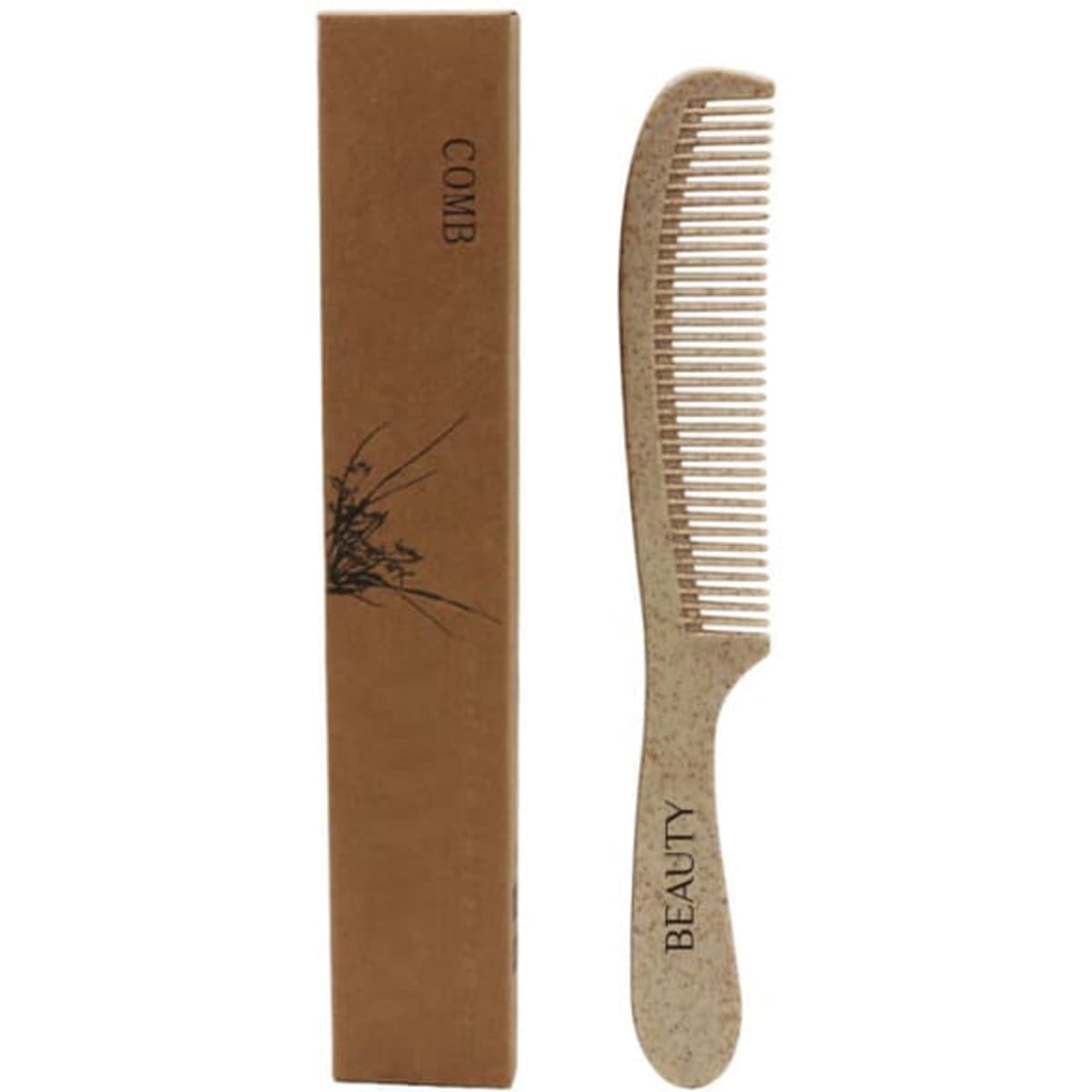 A disposable straw comb in a brown box, featuring a light tan colour and a decorative design.