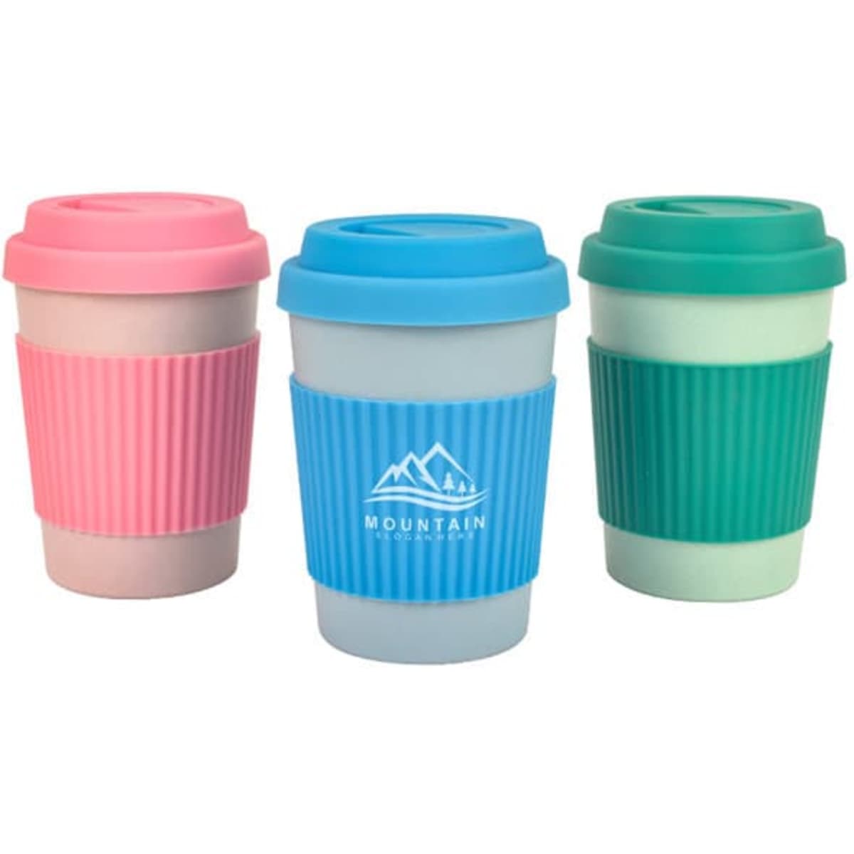A set of three 12 oz. wheat straw coffee mugs in pink, blue, and green with silicone bands, each featuring a logo.
