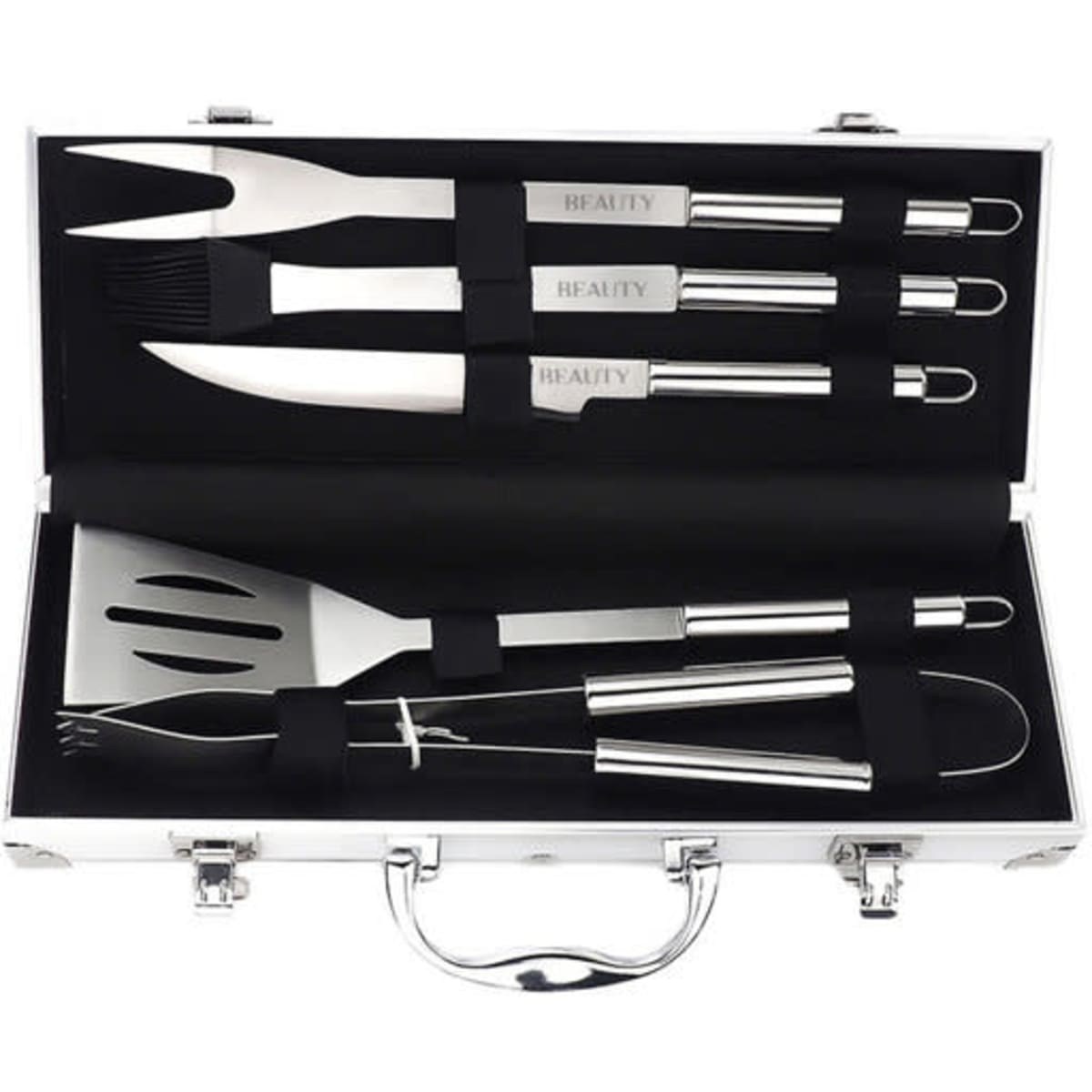 A 6-piece barbecue tool set in a silver aluminium box, including a spatula, tongs, fork, and brush.