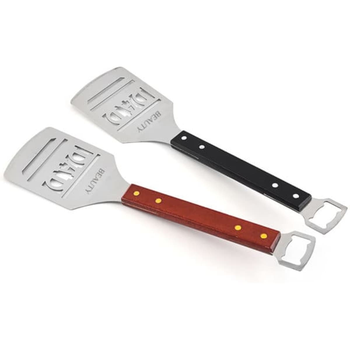 A BBQ spatula with a stainless steel head and a wooden handle, featuring a beer opener at the end.