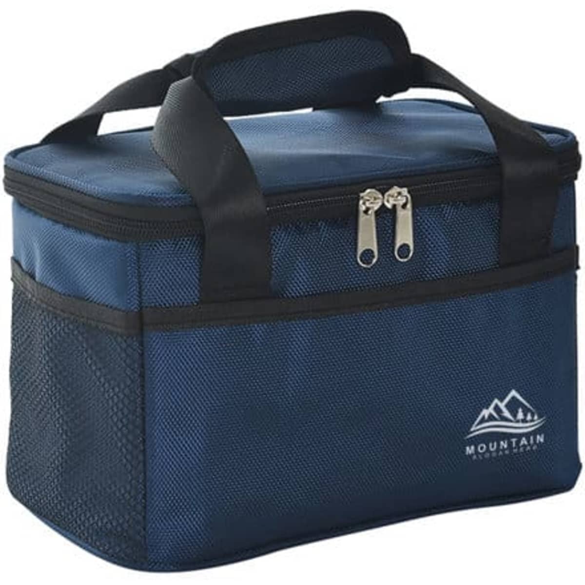 A navy insulated cooler lunch bag with a zippered top and sturdy handles, featuring a logo on the front.