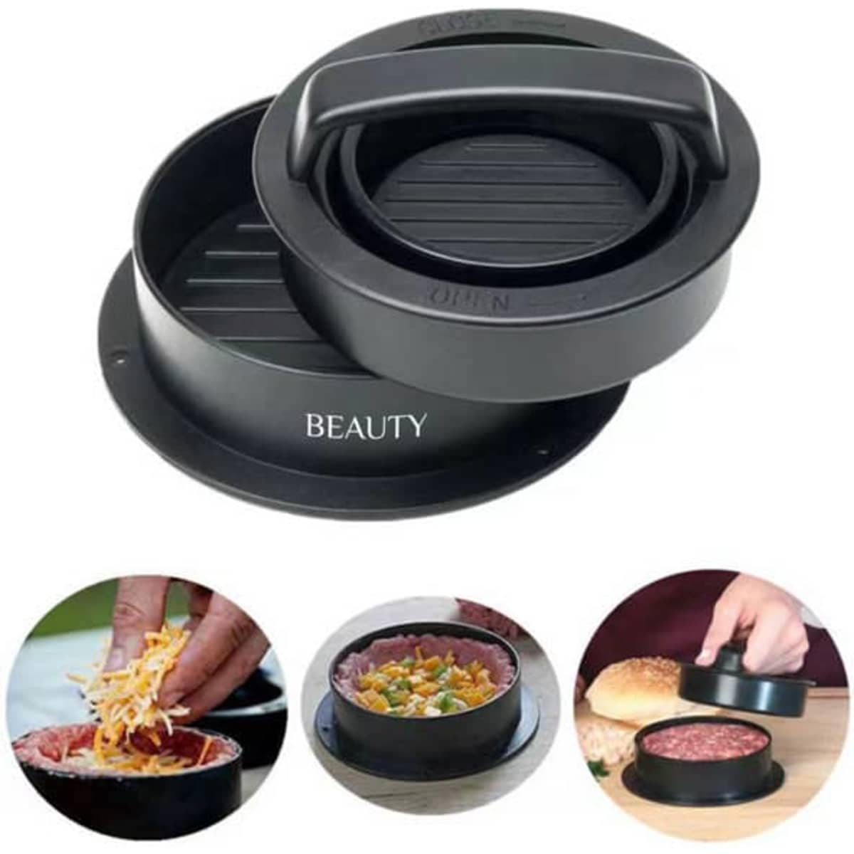 A round black burger patty maker with a textured press and removable base, featuring a branding logo.