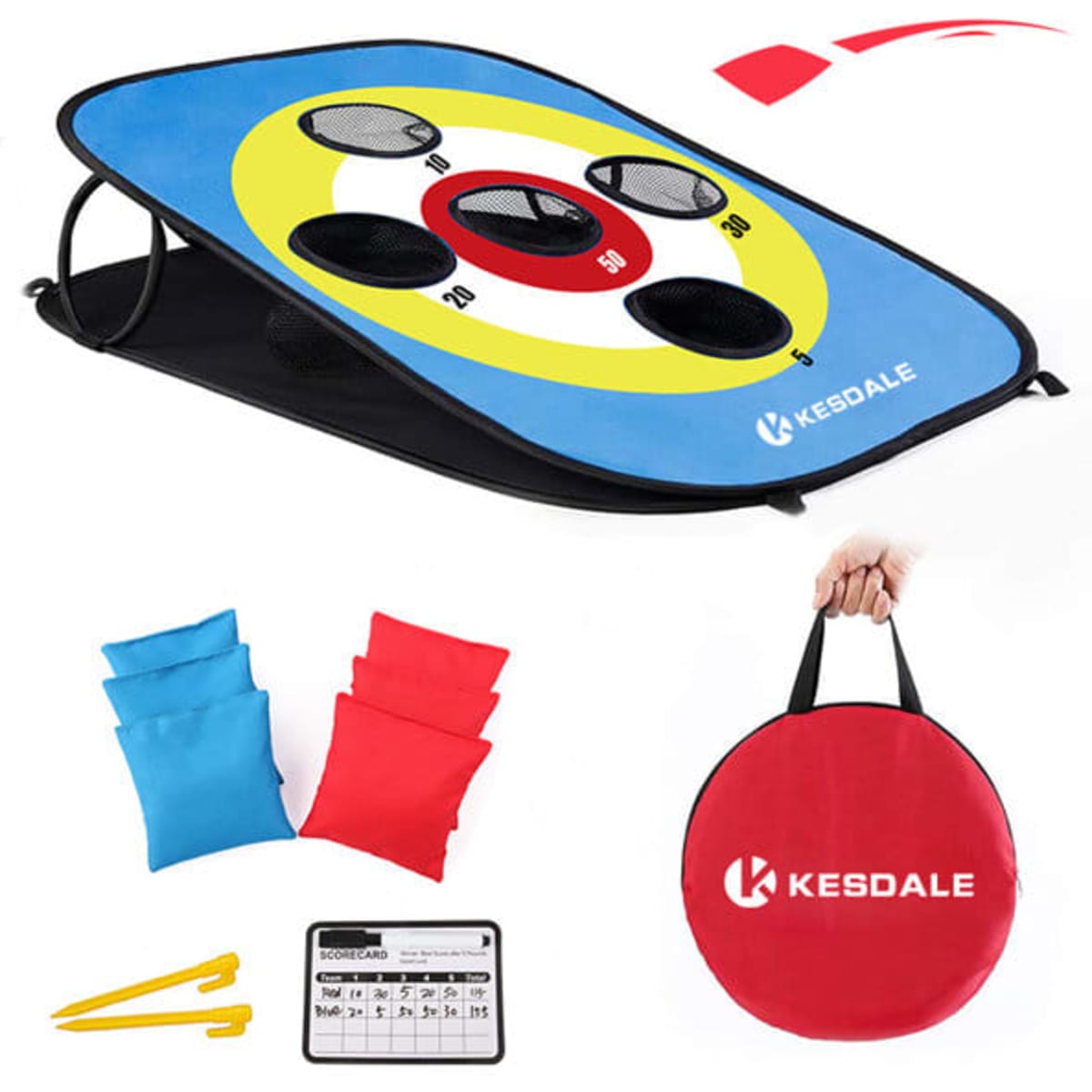 A portable cornhole game set with a blue target board, red and blue bags, stakes, and a carrying bag, featuring a logo.