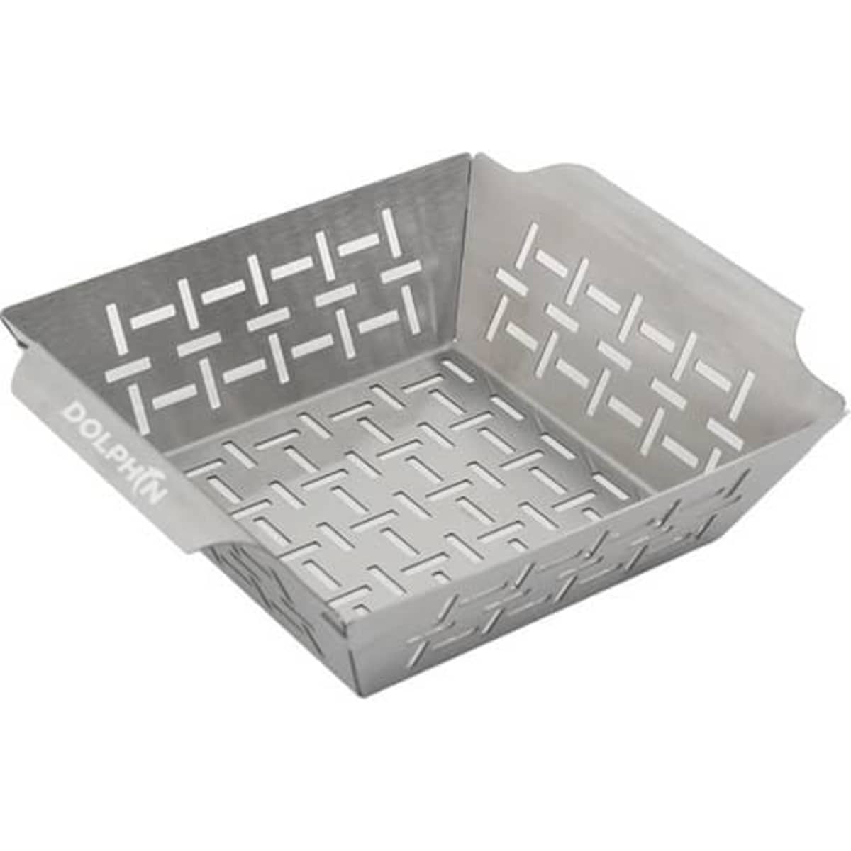 A stainless steel square grilling basket with a woven design and handles, ideal for outdoor BBQs.