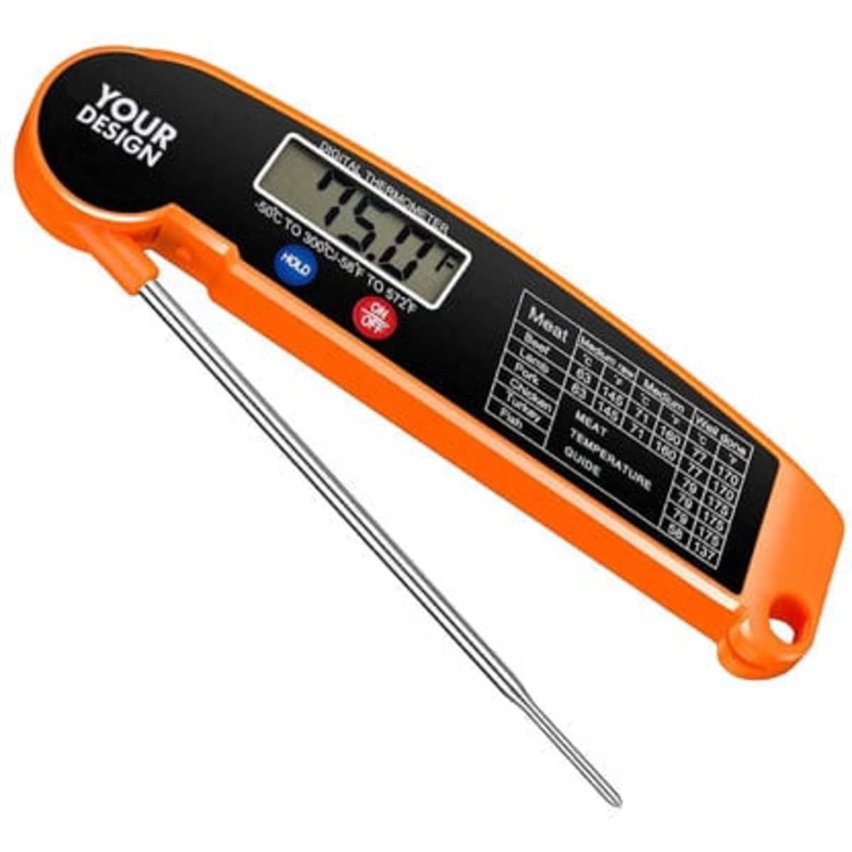 An orange digital meat thermometer with a large display and a metal probe, featuring various measurement guides.