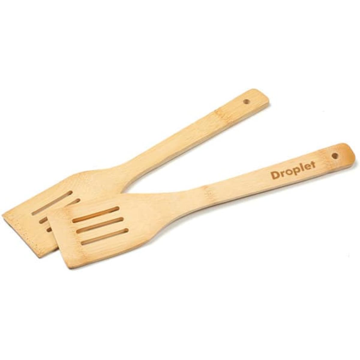 Two wooden cooking spatulas in light brown with a branding logo on one handle.