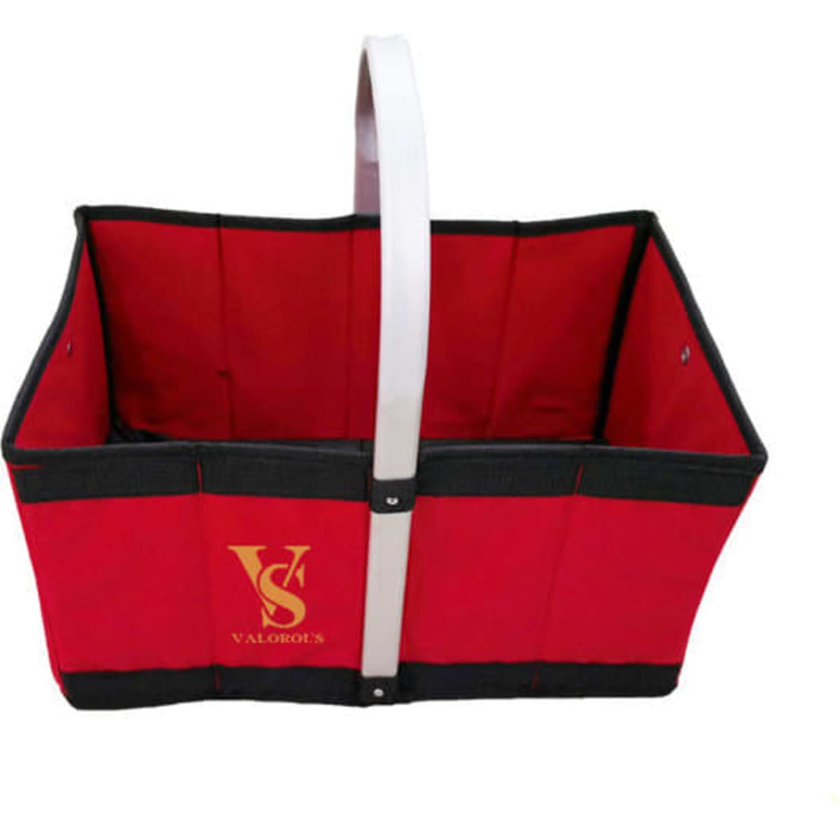 A red and black laundry basket with a wire frame and a white handle, featuring a logo on the side.