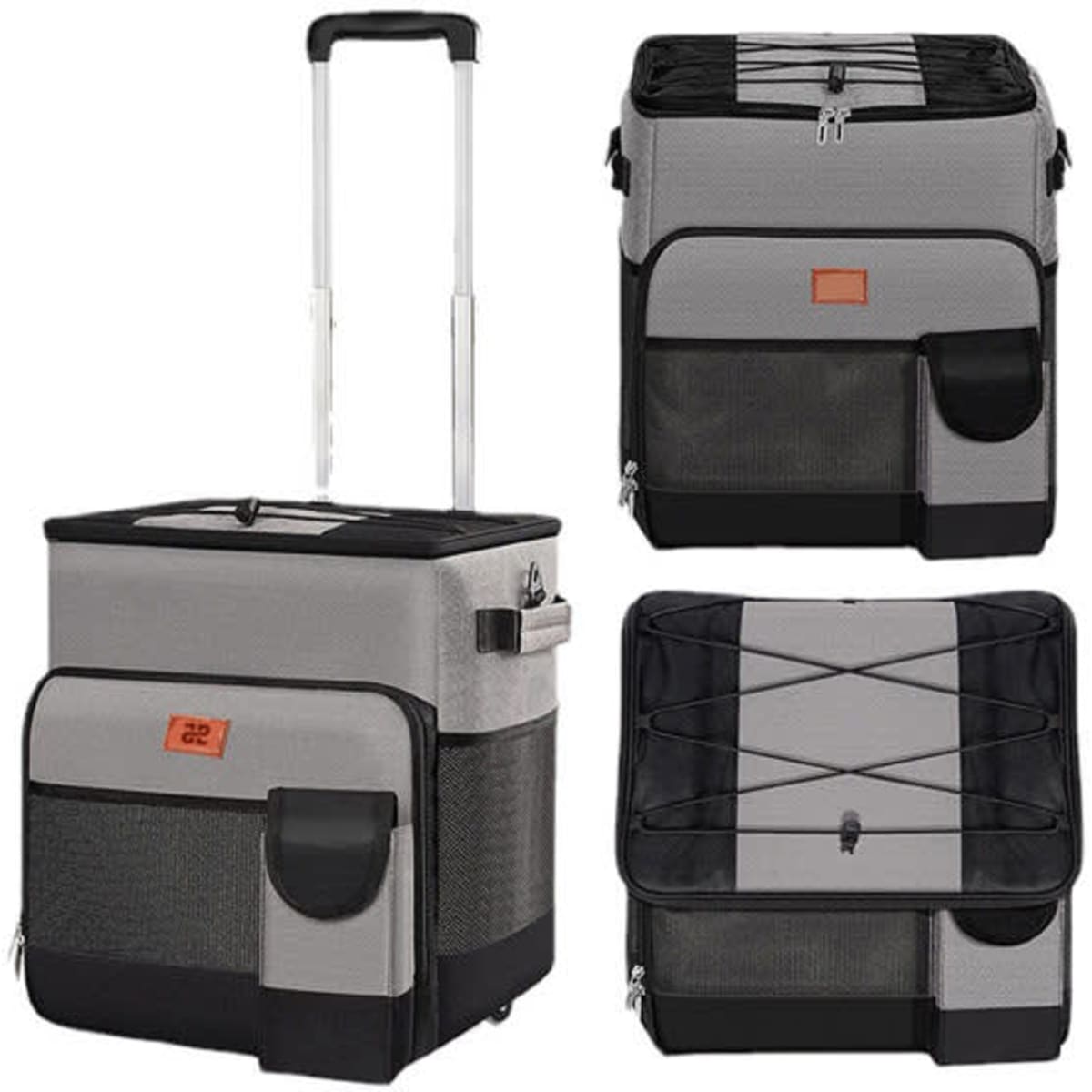 A grey and black insulated wheeled cooler bag with a retractable handle and side pockets. It features a logo.