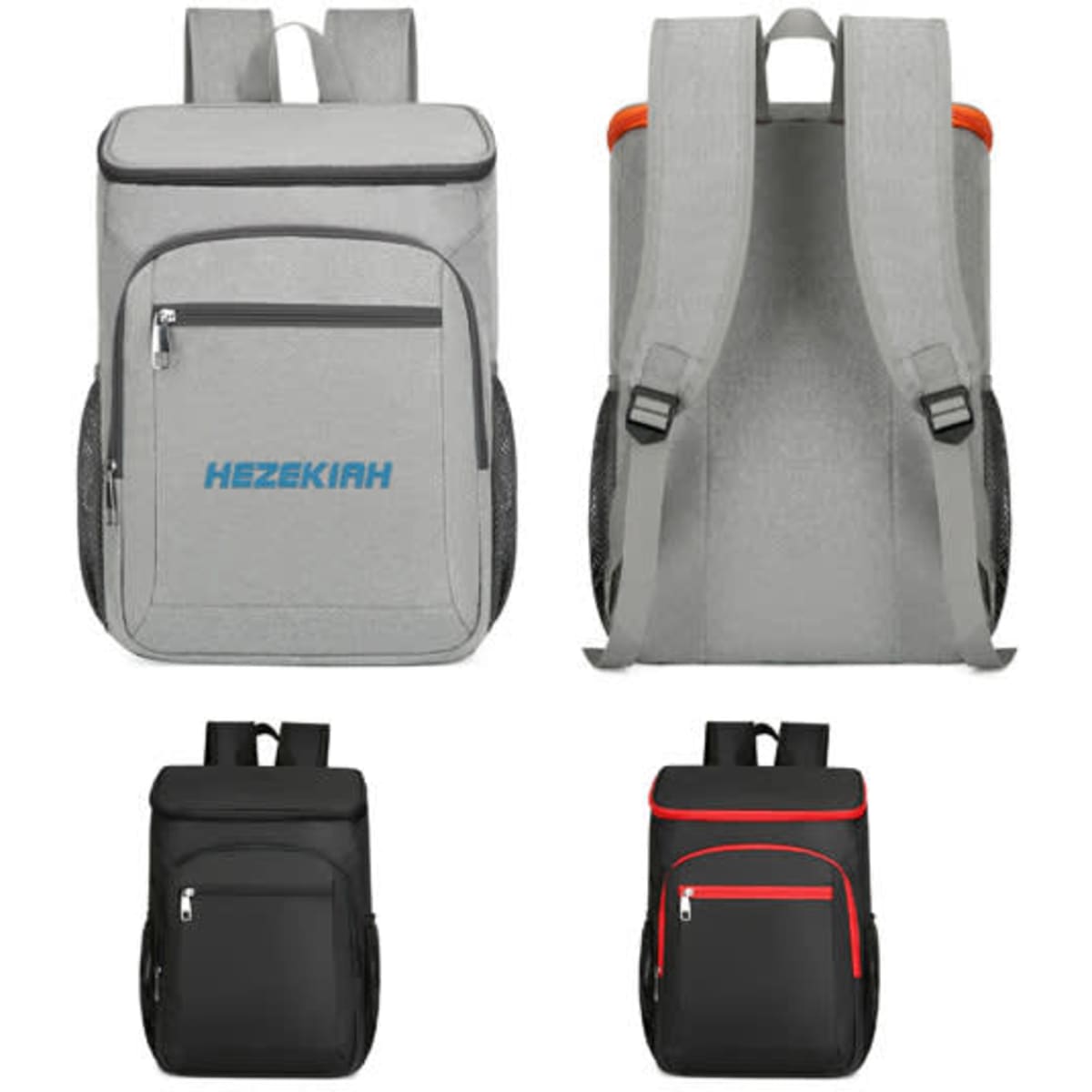 A grey insulated backpack with a front pocket and adjustable straps, alongside a black version with red accents and a pocket.