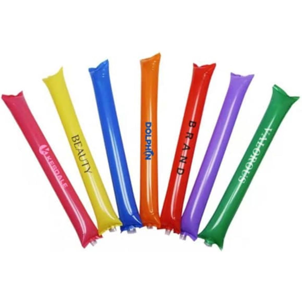A set of seven inflatable cheering sticks in bright colours including yellow, red, blue, orange, and purple.