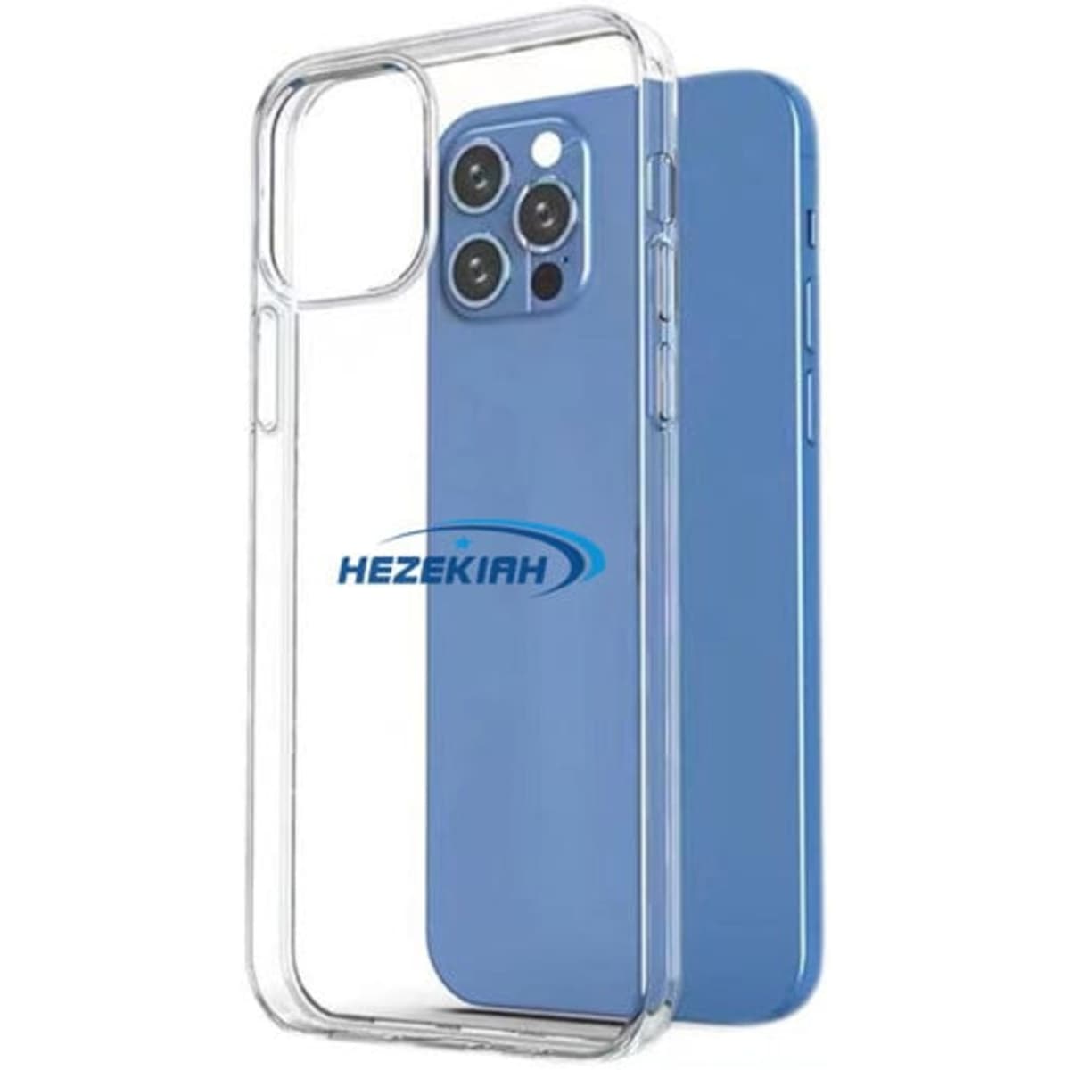 A clear phone case showcasing a blue phone behind it, featuring a logo on the case.