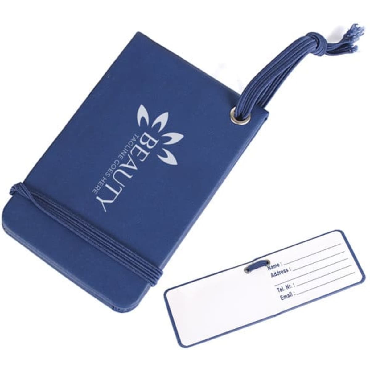 A blue PU leather luggage tag with a logo, featuring a blank area for personal details.