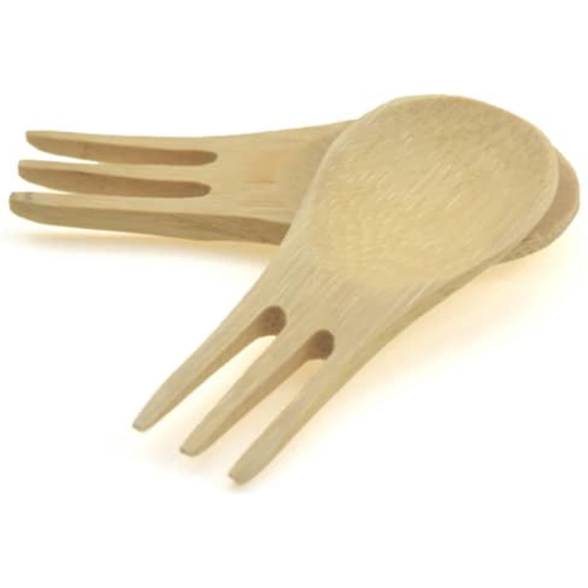 A bamboo baby spoon and fork set in natural wood colour, featuring a spoon and a fork design.
