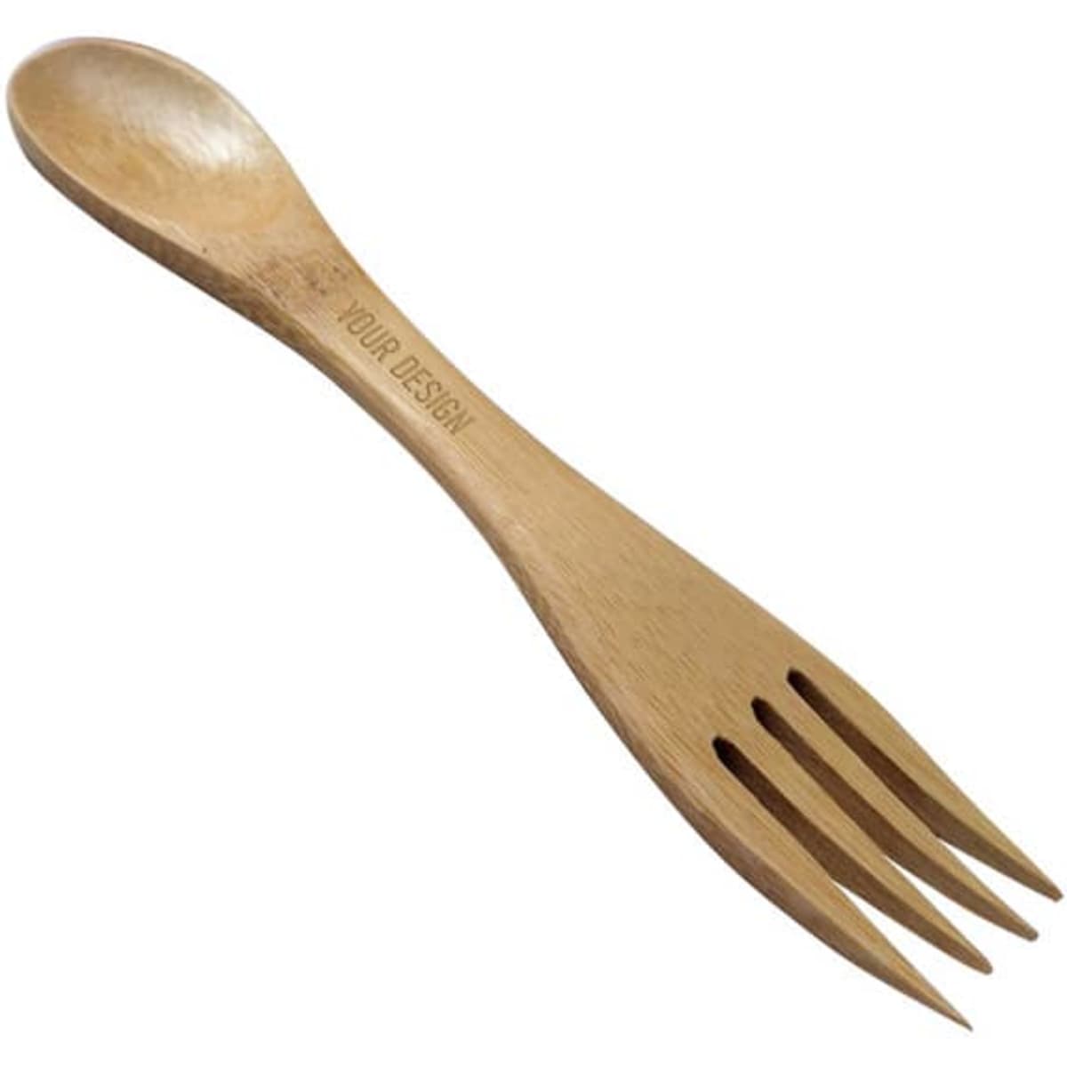 A bamboo spoon and fork combination in a natural finish featuring a branding area.