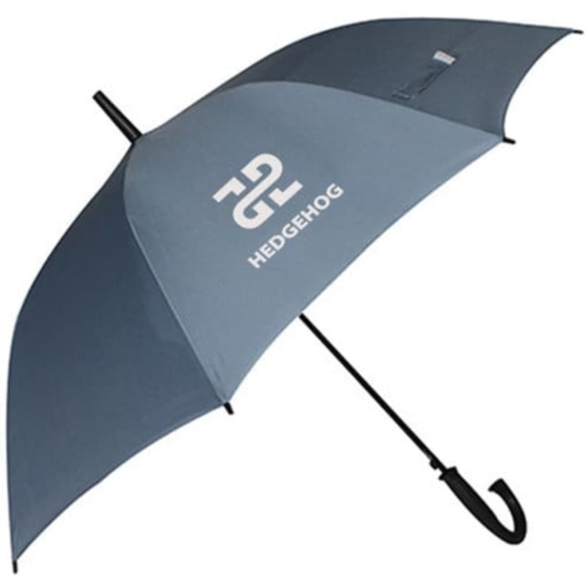 A grey umbrella with a curved handle and a logo on the canopy. Ideal for sun and rain protection.
