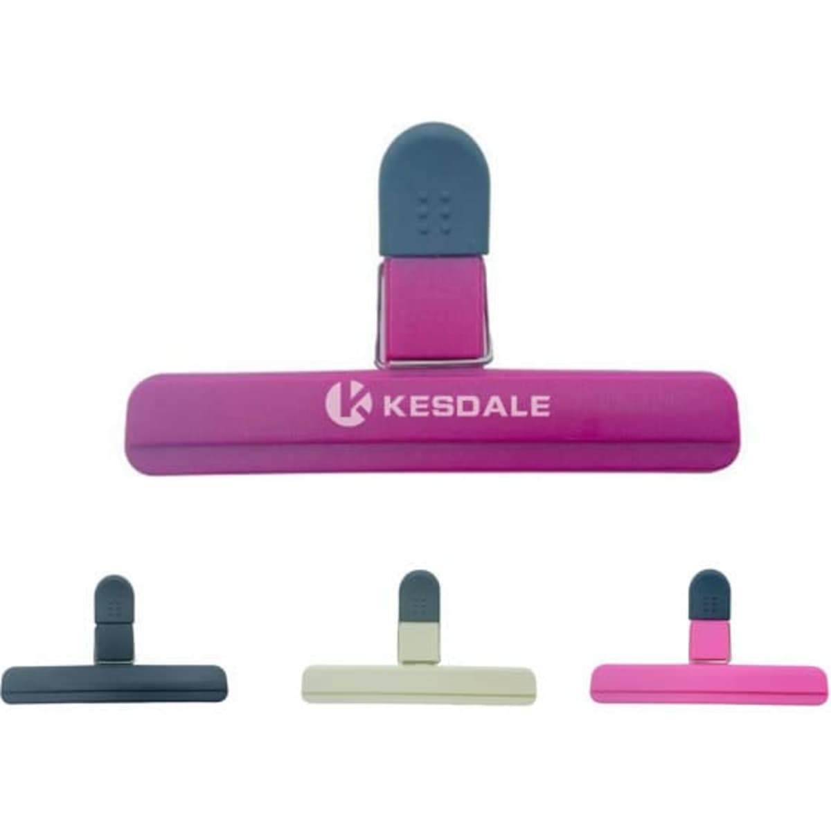 A large chip bag clip in various colours including pink, grey, and cream, with a logo on the clip.