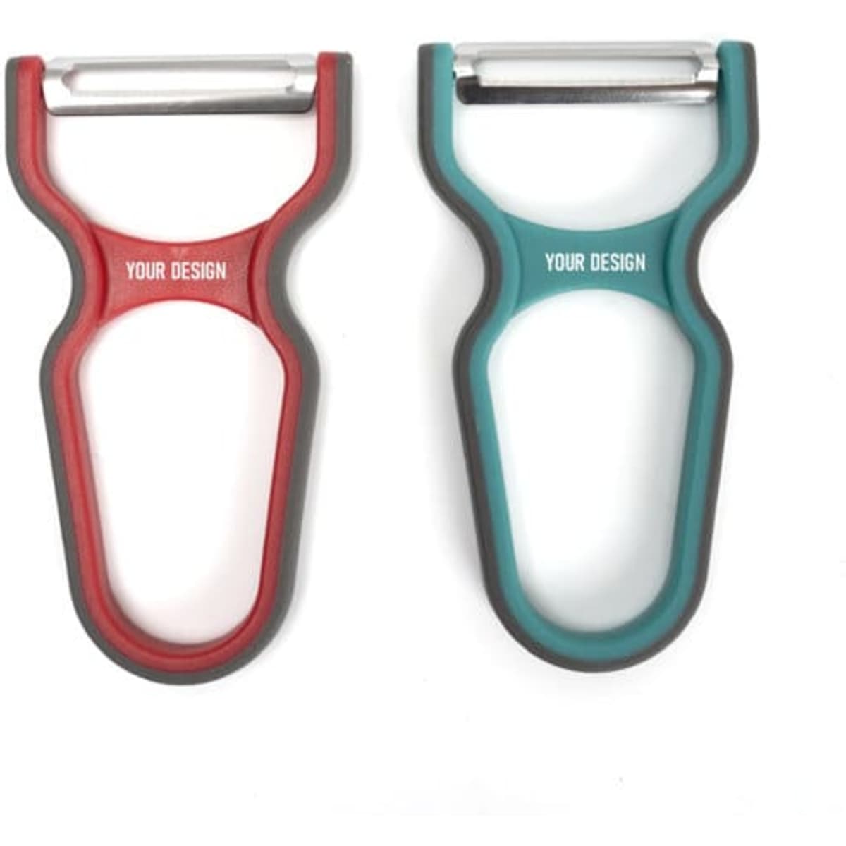 A plastic peeler with ergonomic handles, featuring red and teal colours, and a logo area for custom design.