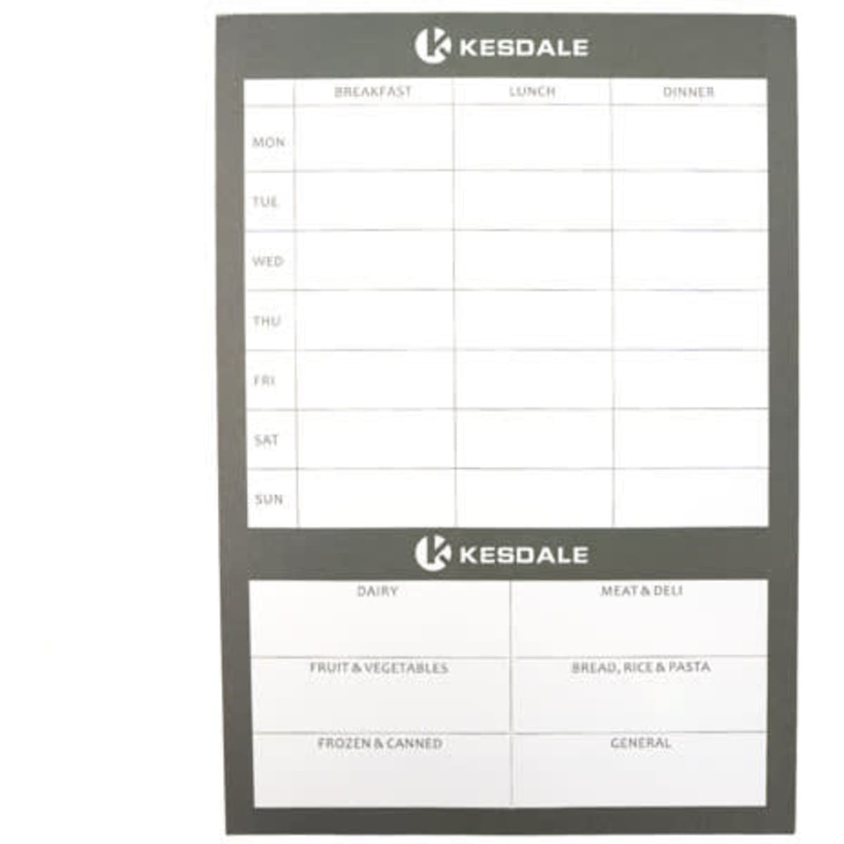 A weekly meal planner in grey with sections for breakfast, lunch, dinner, and grocery categories, featuring a logo.