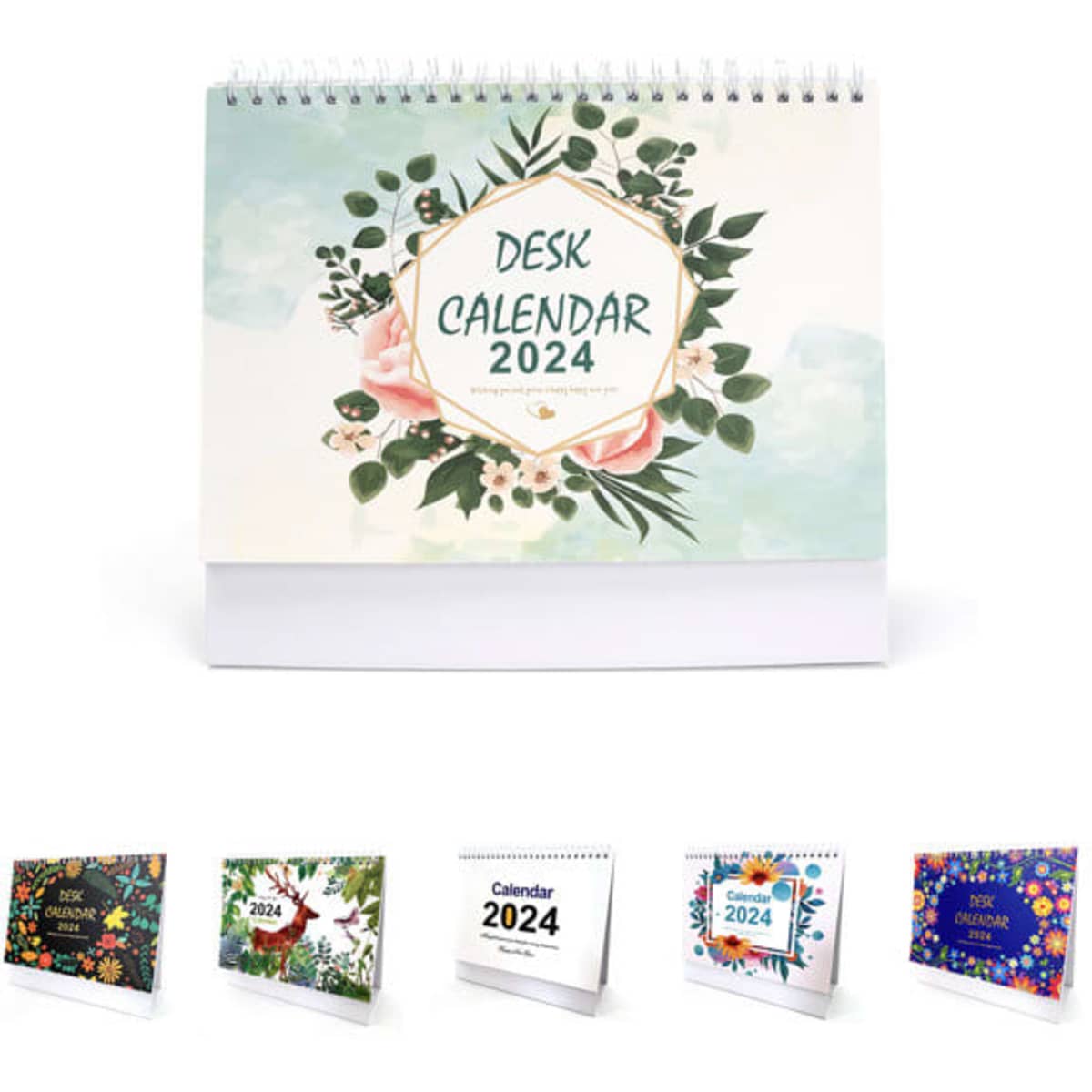 A desk flip calendar featuring a floral design, with various styles displayed. Predominantly pastel colours on the cover.