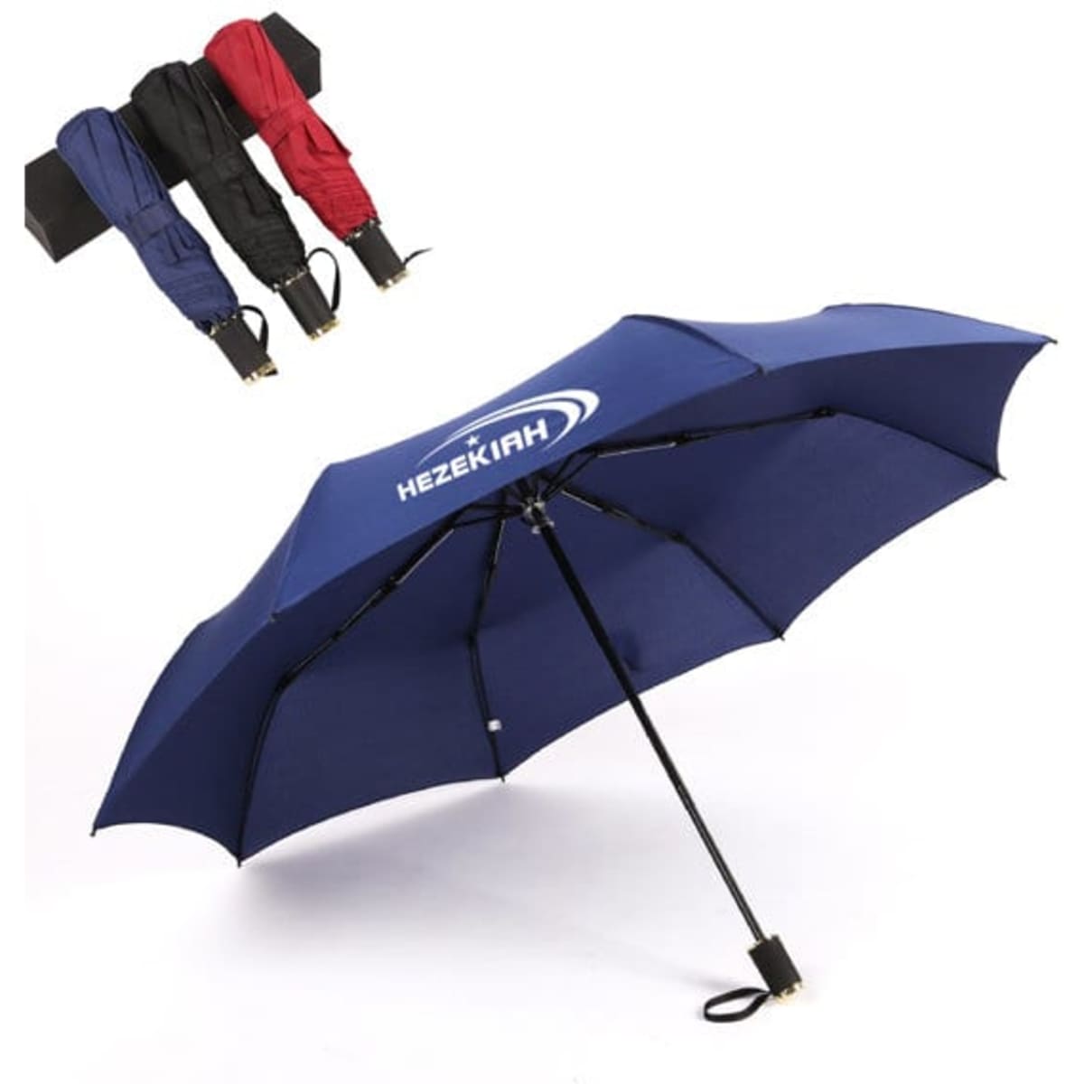 A blue automatic umbrella with a black handle, displayed alongside black and red umbrellas. Features a logo on the canopy.