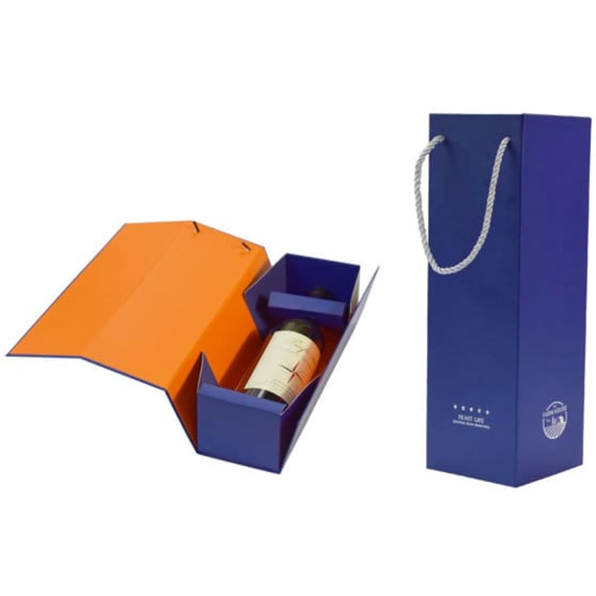 A foldable wine gift box in blue and orange, featuring an interior compartment for a bottle and a rope handle.