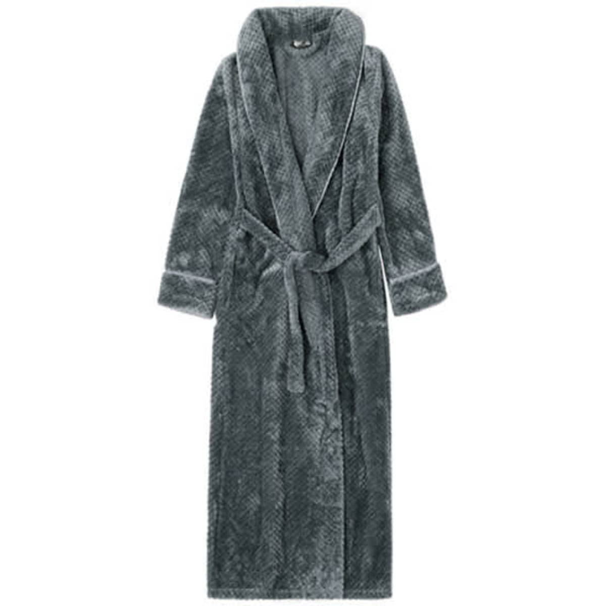 A grey unisex flannel bathrobe with a shawl collar and tie waist, featuring a soft, textured fabric.