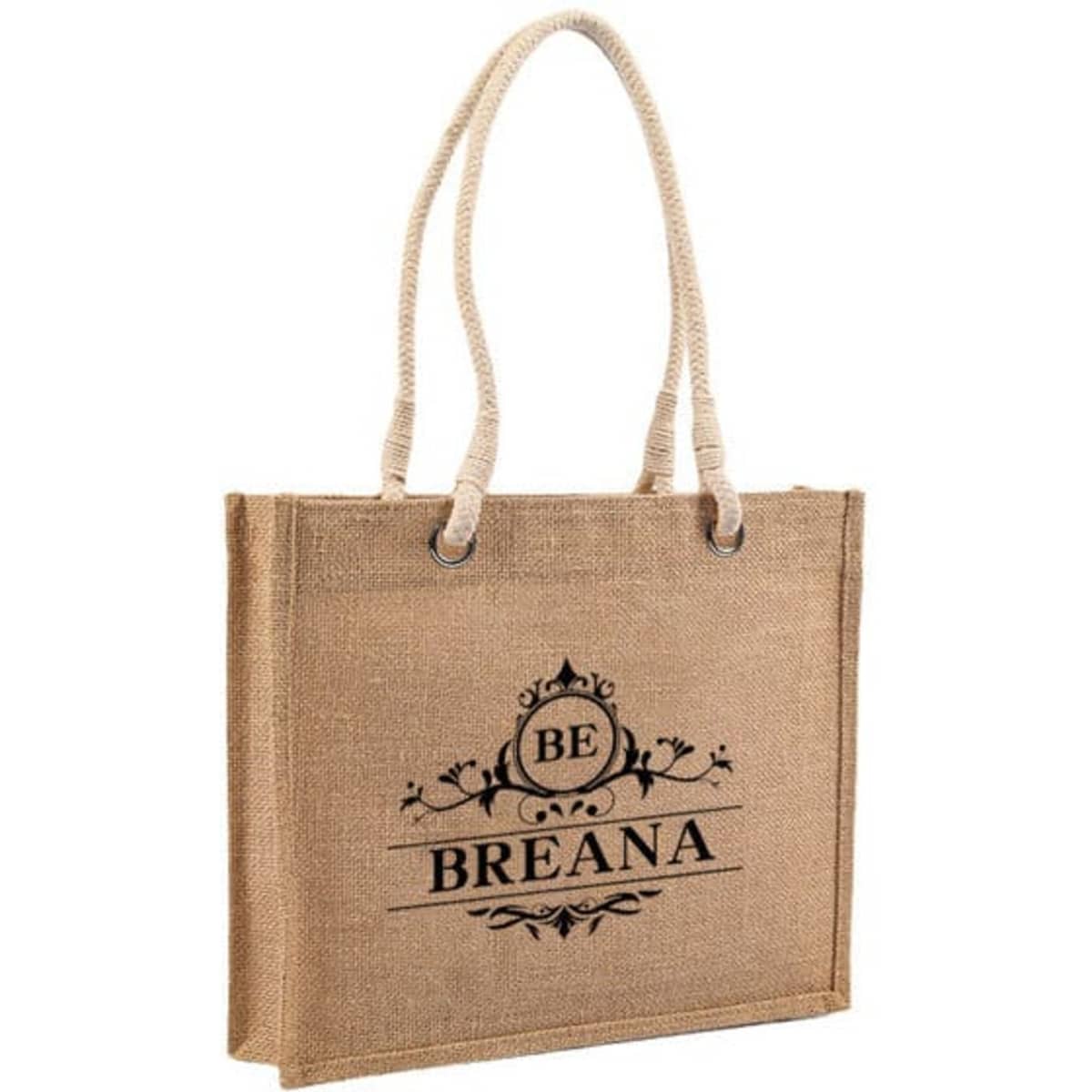 A jute shopping tote bag in natural brown with rope handles and a design featuring a logo.