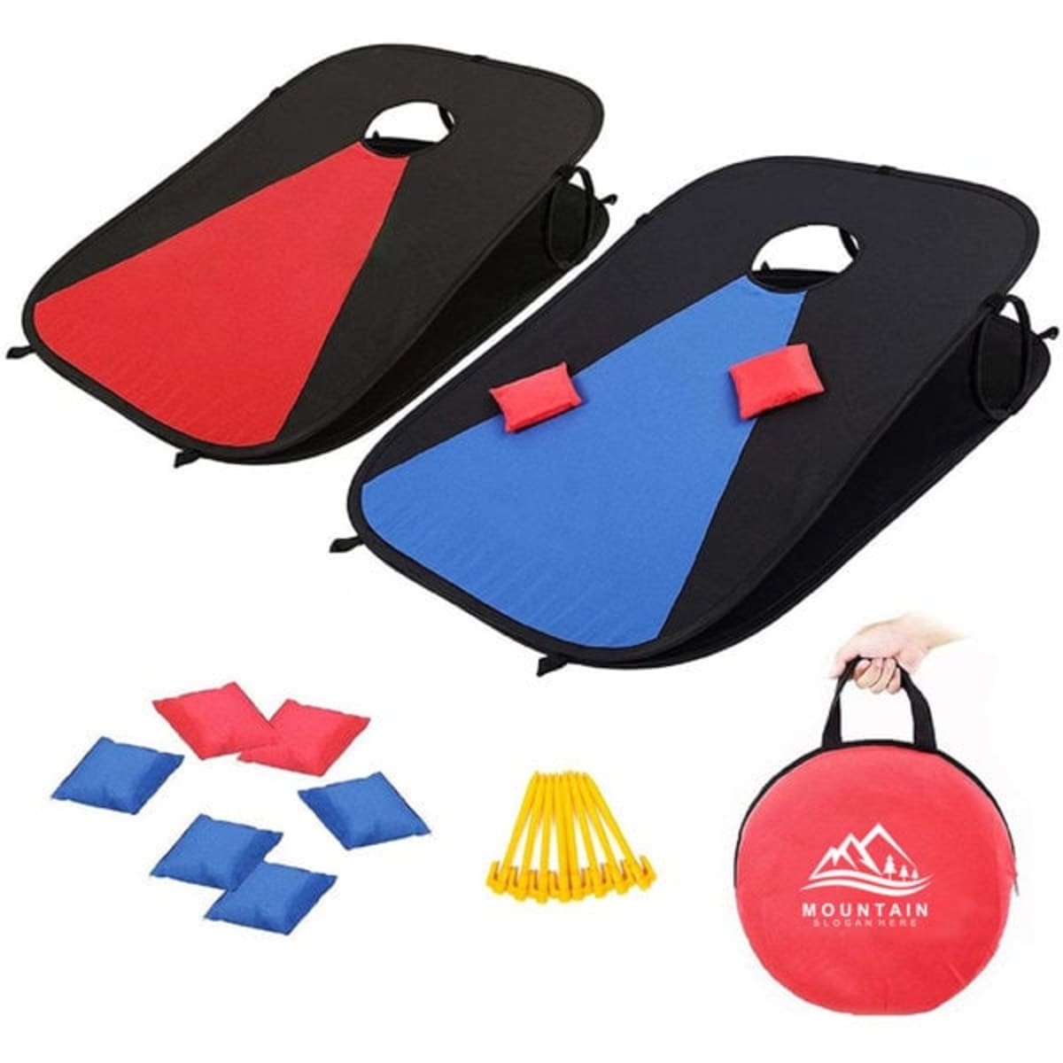 A portable cornhole board game set featuring black and red boards, blue bags, and yellow stakes in a round carrying bag.