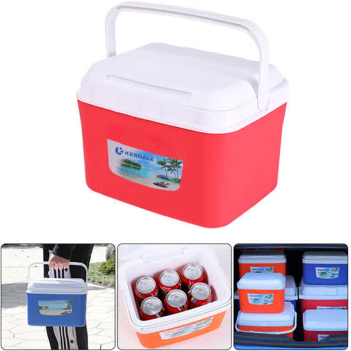 A red and white 5-quart camping cooler box with a handle, featuring a logo and storage for drinks inside.