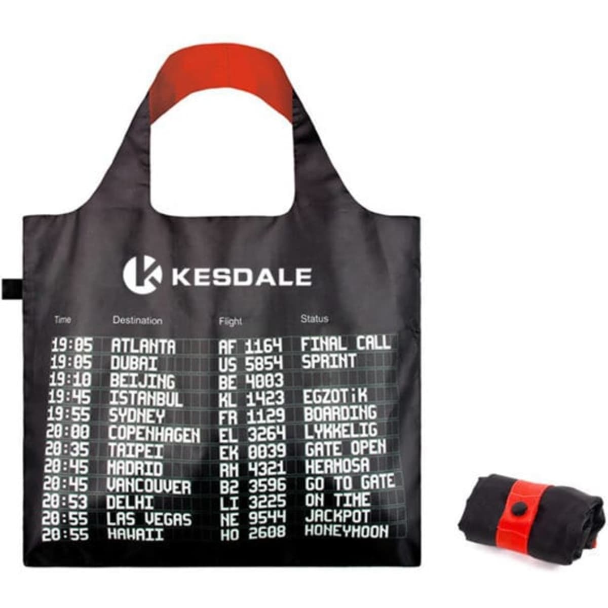 A foldable tote bag in black with red accents and a logo, displaying a flight schedule design.