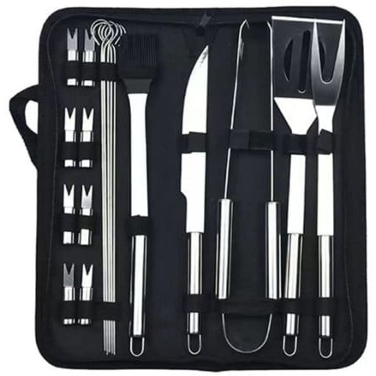 A portable BBQ tool set featuring 20 stainless steel pieces in a black carrying case, including spatula and tongs.