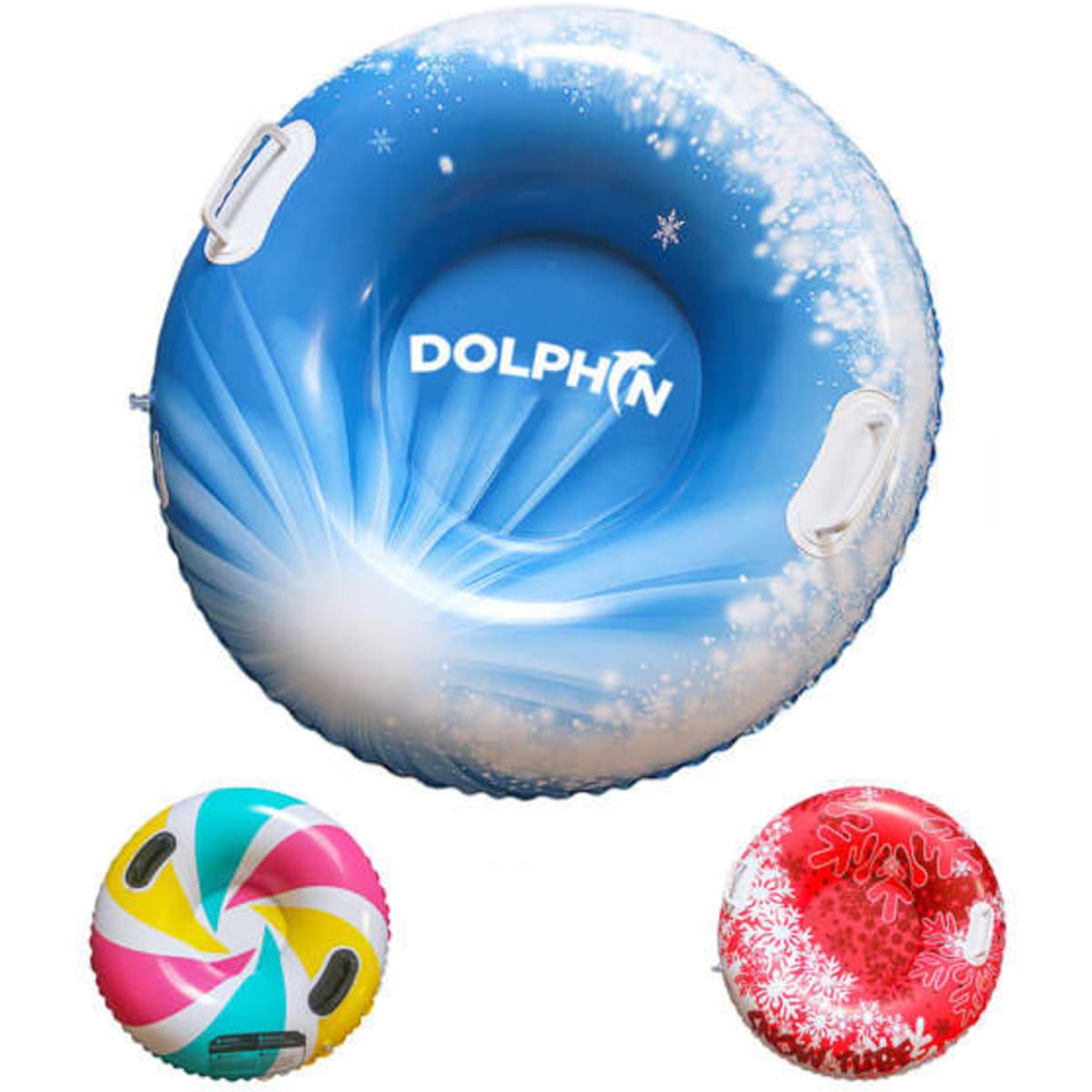 A blue PVC inflatable snow tube with a swirling design, featuring two additional colourful novelty tubes.