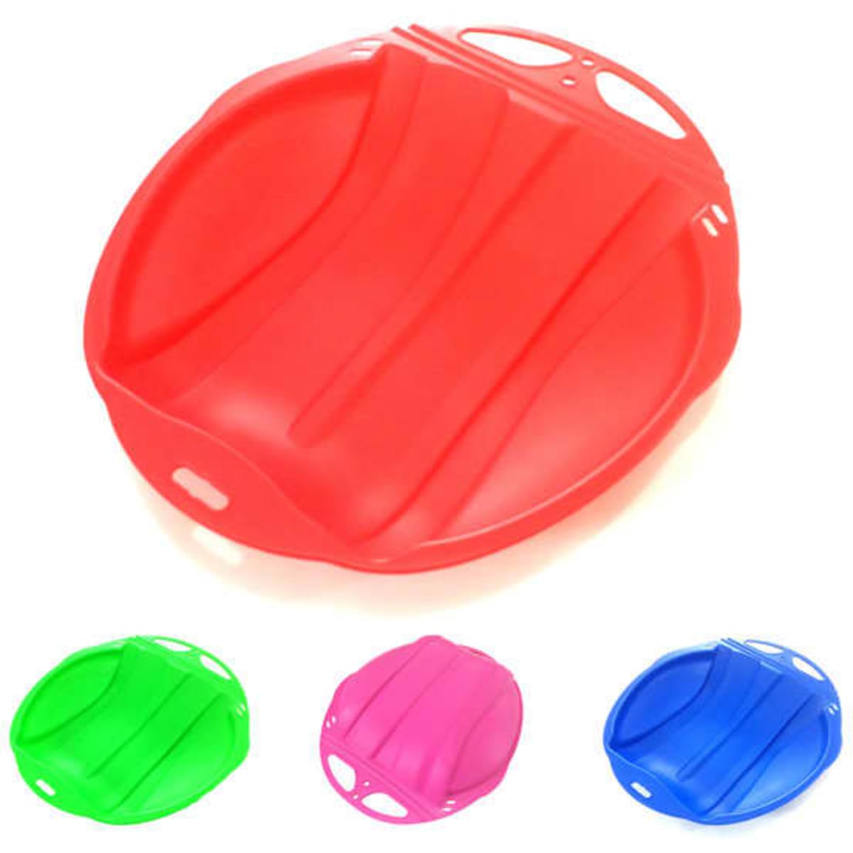 A red plastic snow sled with a curved design and handles, accompanied by green, pink, and blue sleds in the background.