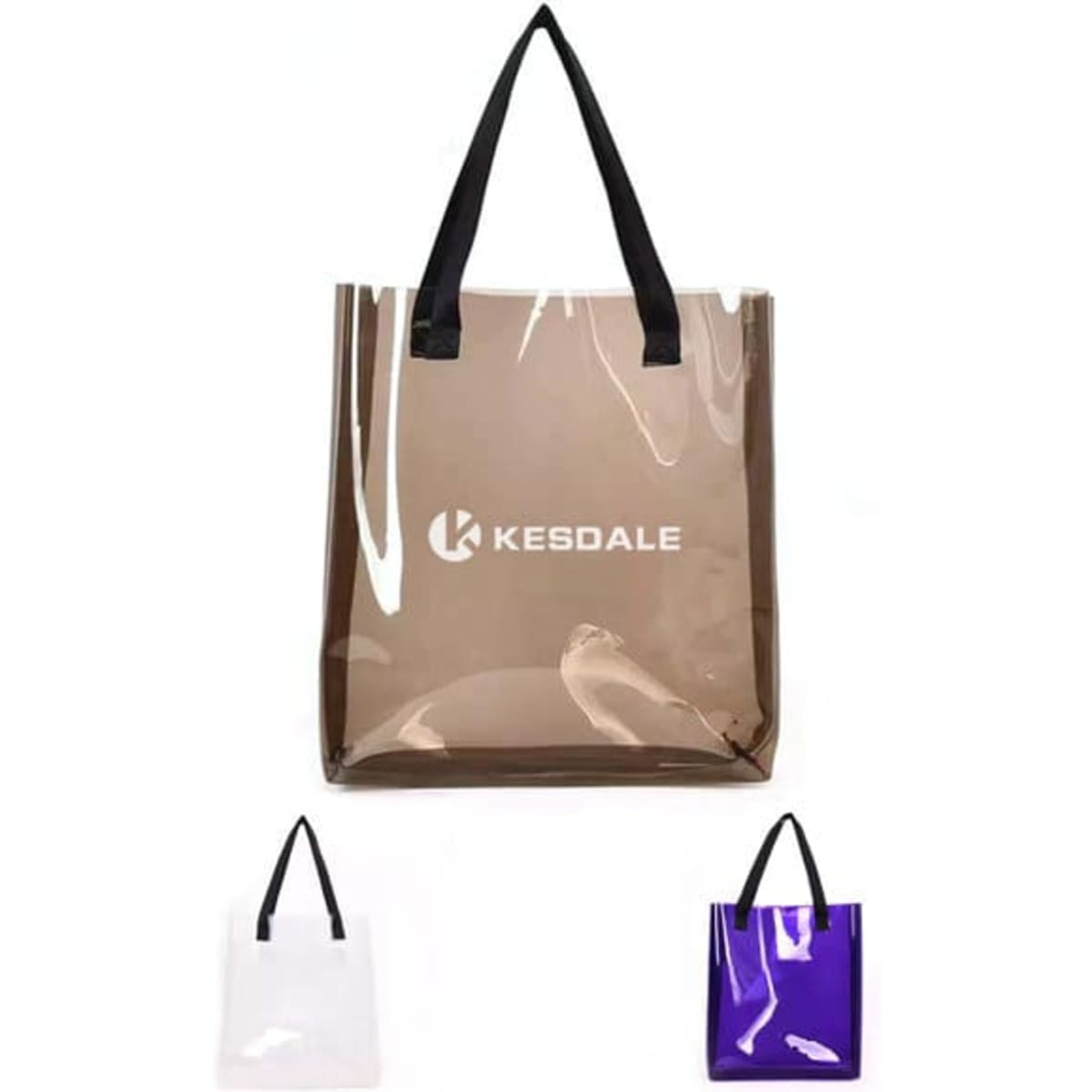 A clear PVC tote bag with black handles, featuring a logo, available in brown, purple, and white variants.