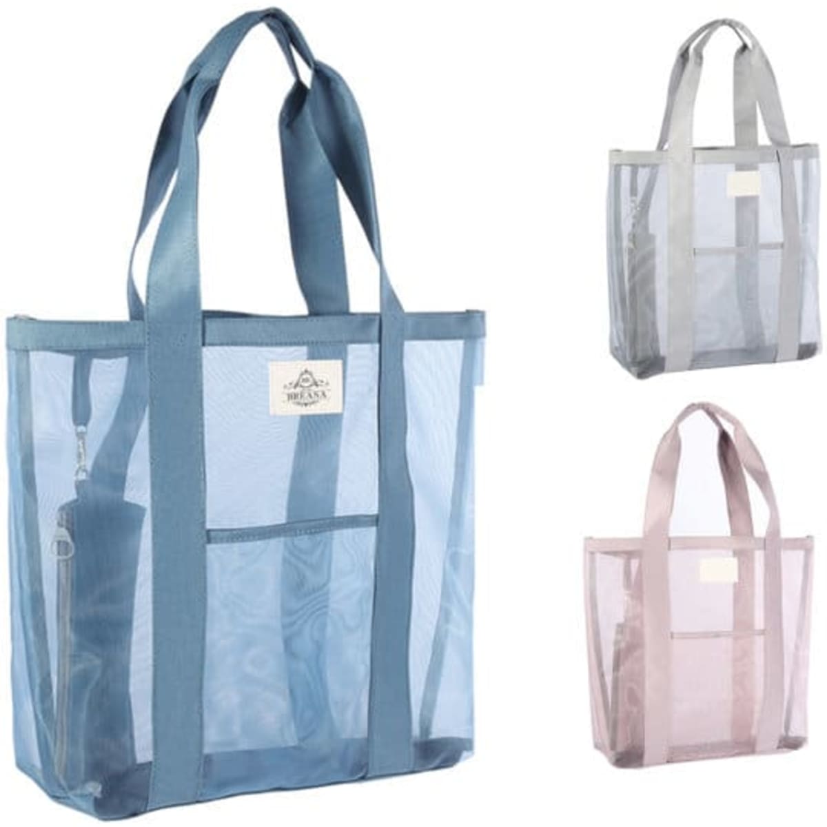 A large capacity clear mesh tote bag available in blue, grey, and pink. It has sturdy handles and a logo.