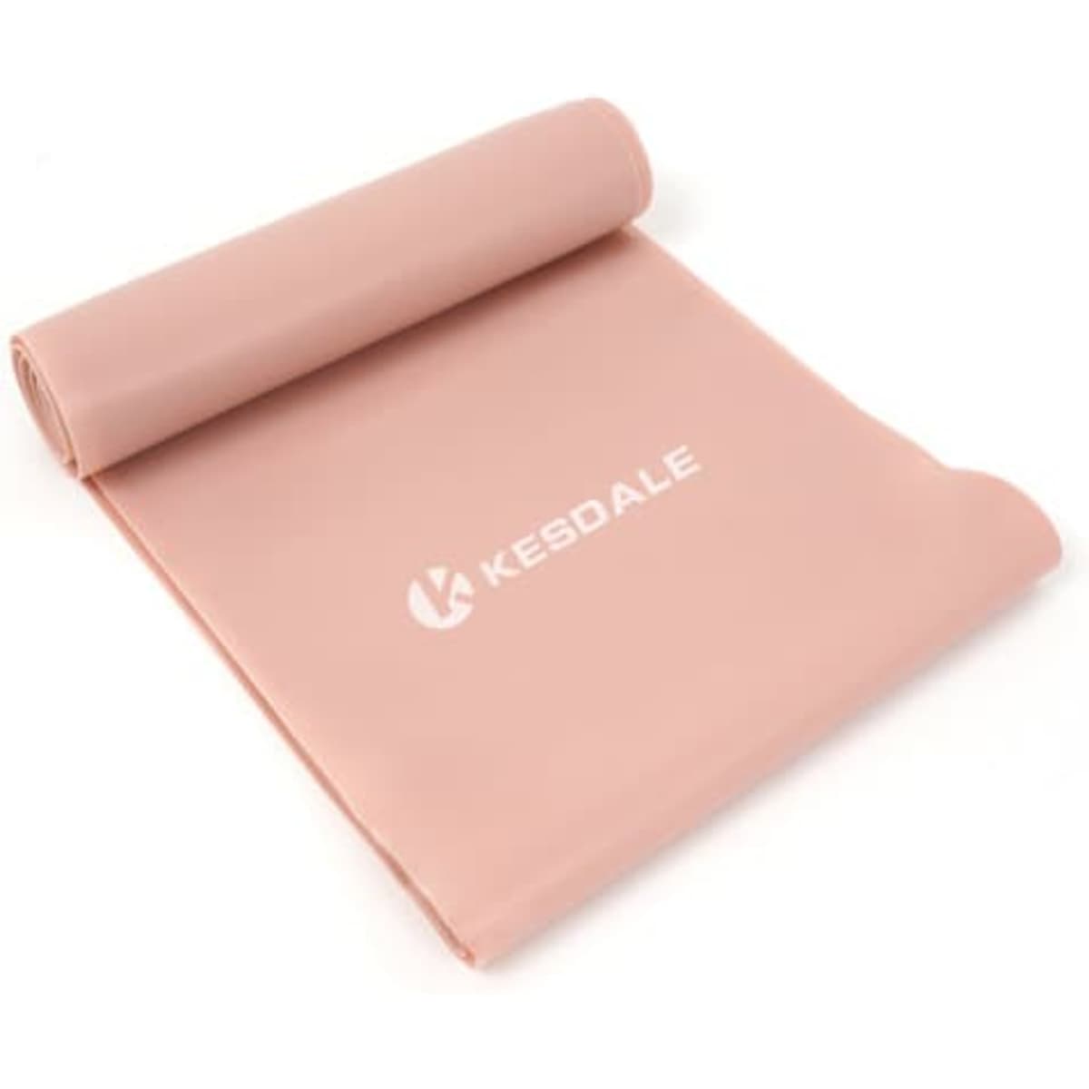 A rolled pink TPE yoga resistance band with a logo, suitable for leisure and outdoor activities.