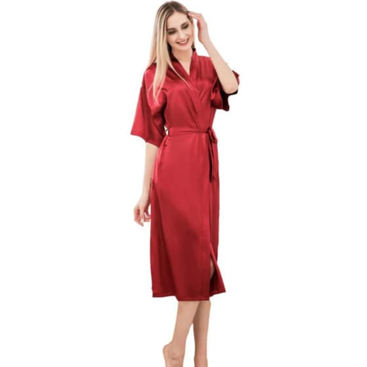 A red satin bathrobe for women, featuring a wrap design and short sleeves, with a loose fit and tie belt.