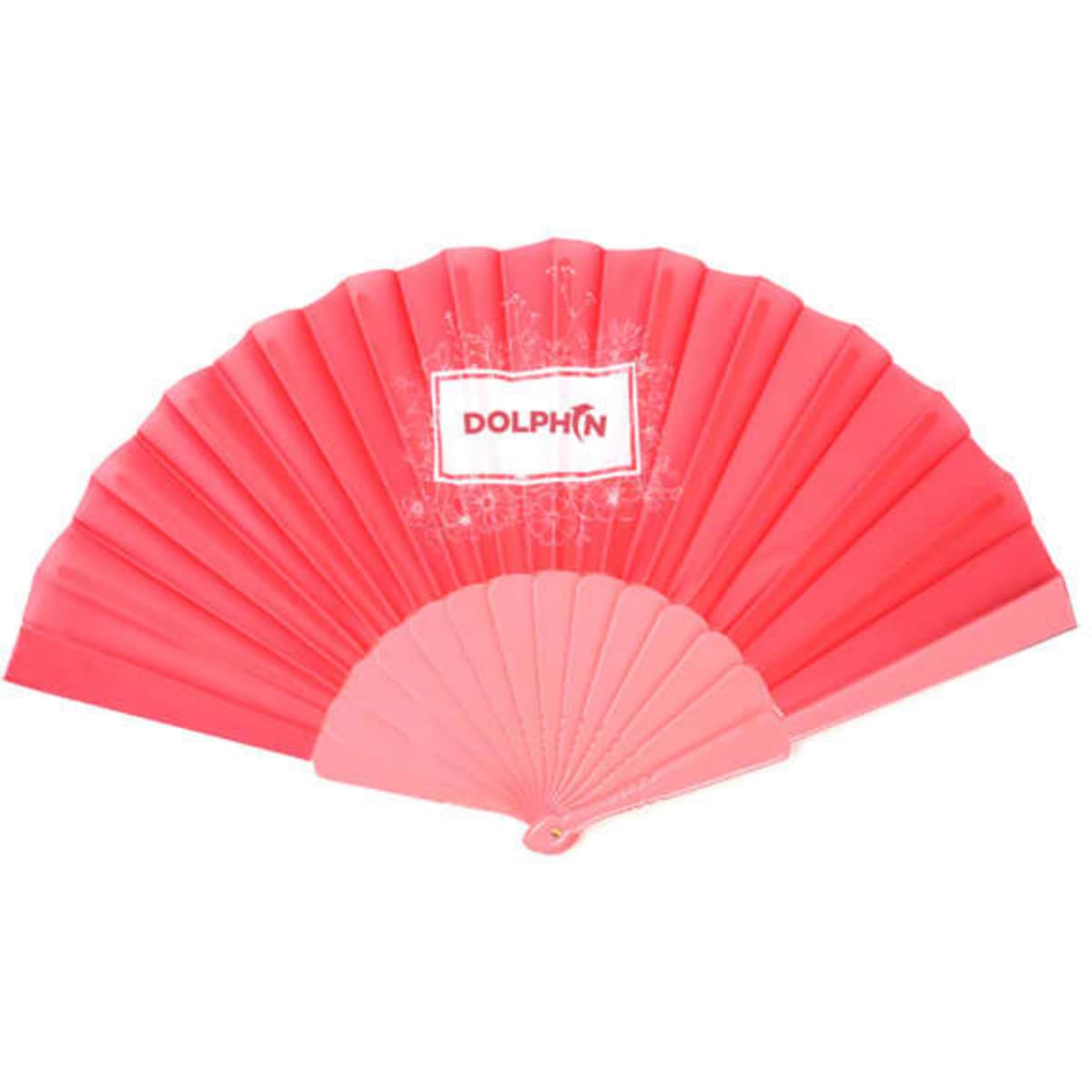 A pink plastic folding handheld fan featuring a logo. The fan is open, displaying its pleated design.